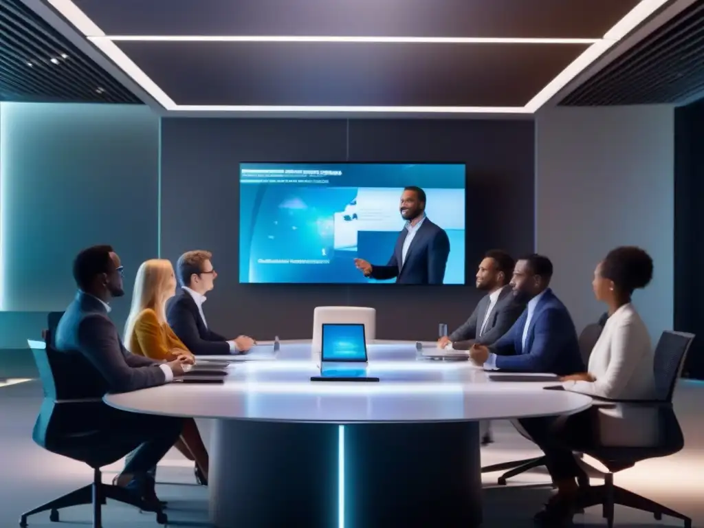Sala de conferencias futurista con tecnología de vanguardia Profesionales en una sala de conferencias futurista, utilizando innovaciones en gestión de videoconferencias profesionales