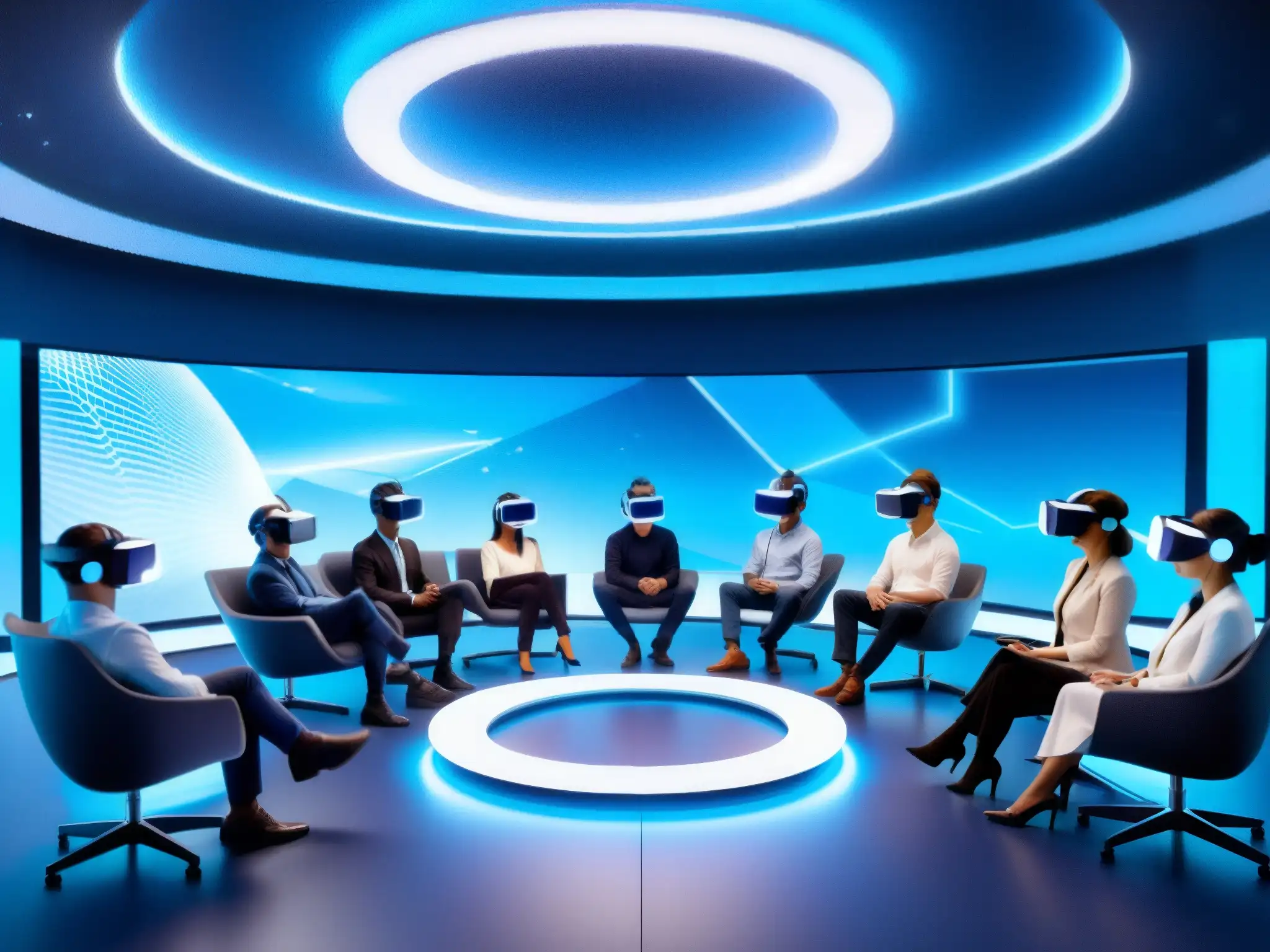 Profesionales en realidad virtual colaborando en sala futurista Profesionales en sala de conferencias futurista usando herramientas de videoconferencia en realidad virtual, inmersos en innovación y colaboración