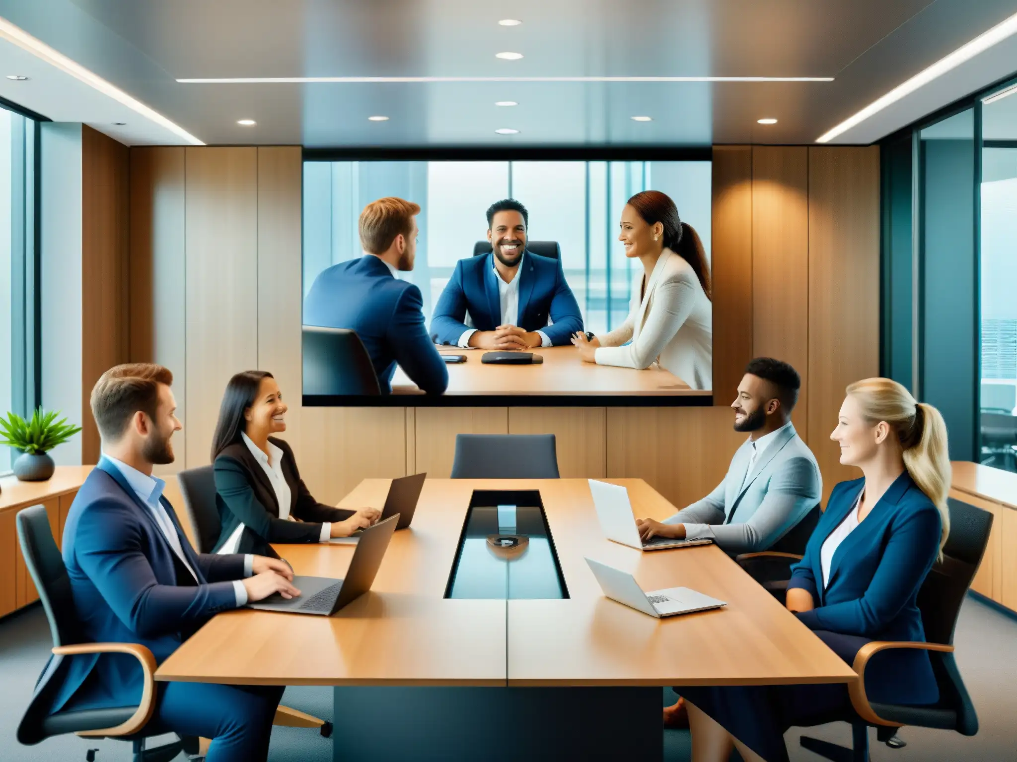 Reunión profesional en sala moderna con AnyDesk 'Profesionales en una sala de conferencias moderna, con equipo de videoconferencia de alta tecnología, colaborando con AnyDesk'