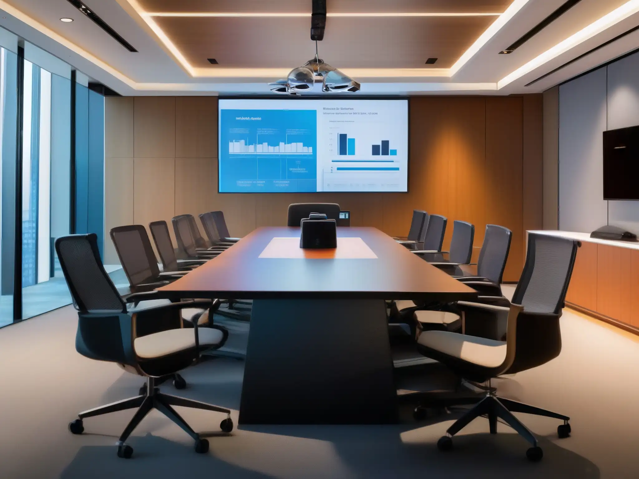 Sala de conferencias moderna con videollamada segura Profesionales en una sala de conferencias moderna con gráficos y un video seguro en pantalla