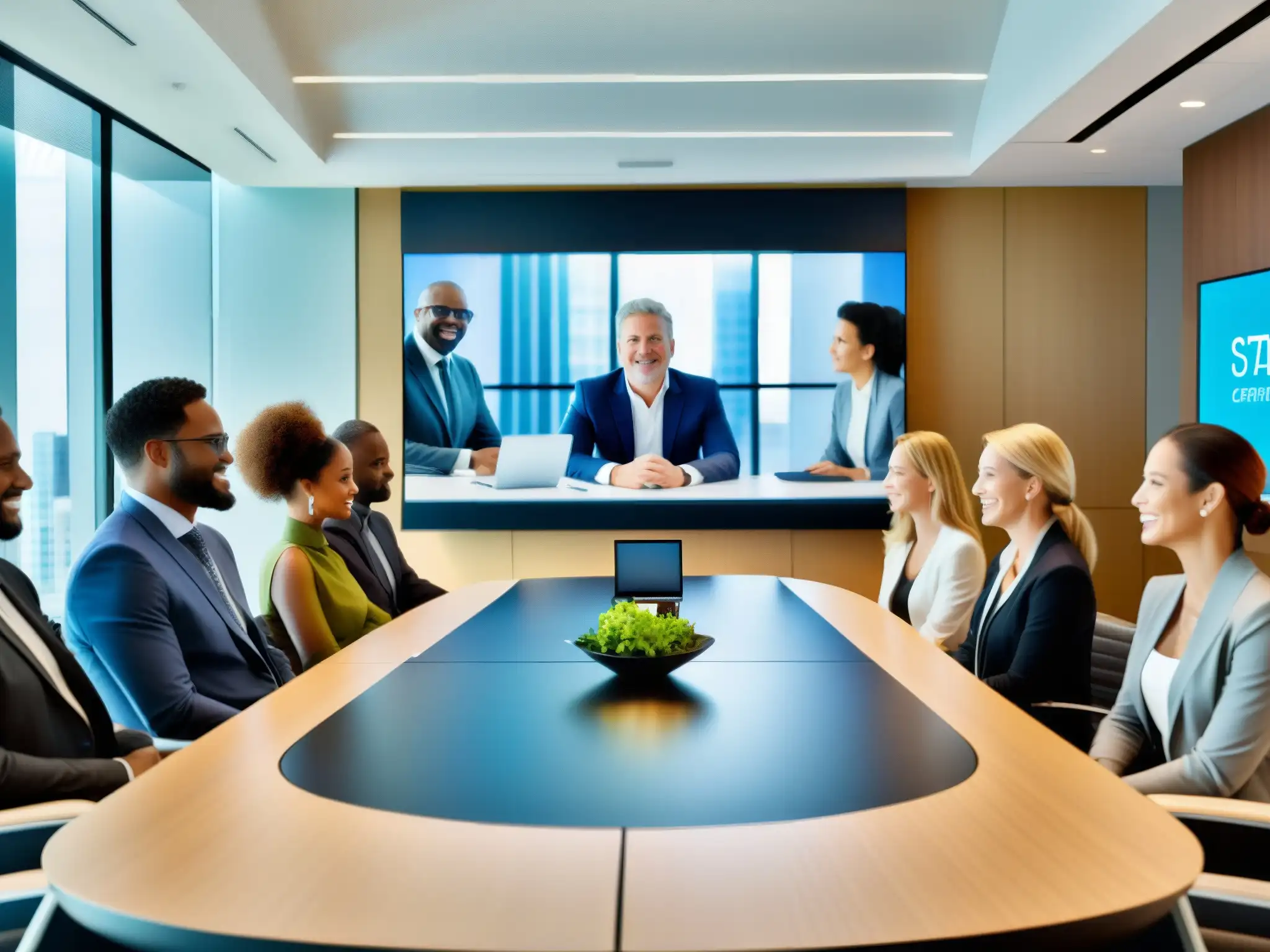 Profesionales diversificados en reunión con tecnología de vanguardia Profesionales en una sala de conferencias moderna con soluciones de videoconferencia y reservas, rodeados de luz natural y eficiencia profesional