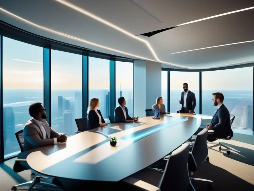 Sala de reuniones moderna: colaboración profesional Profesionales colaborando en una sala de conferencias moderna con vista a la ciudad