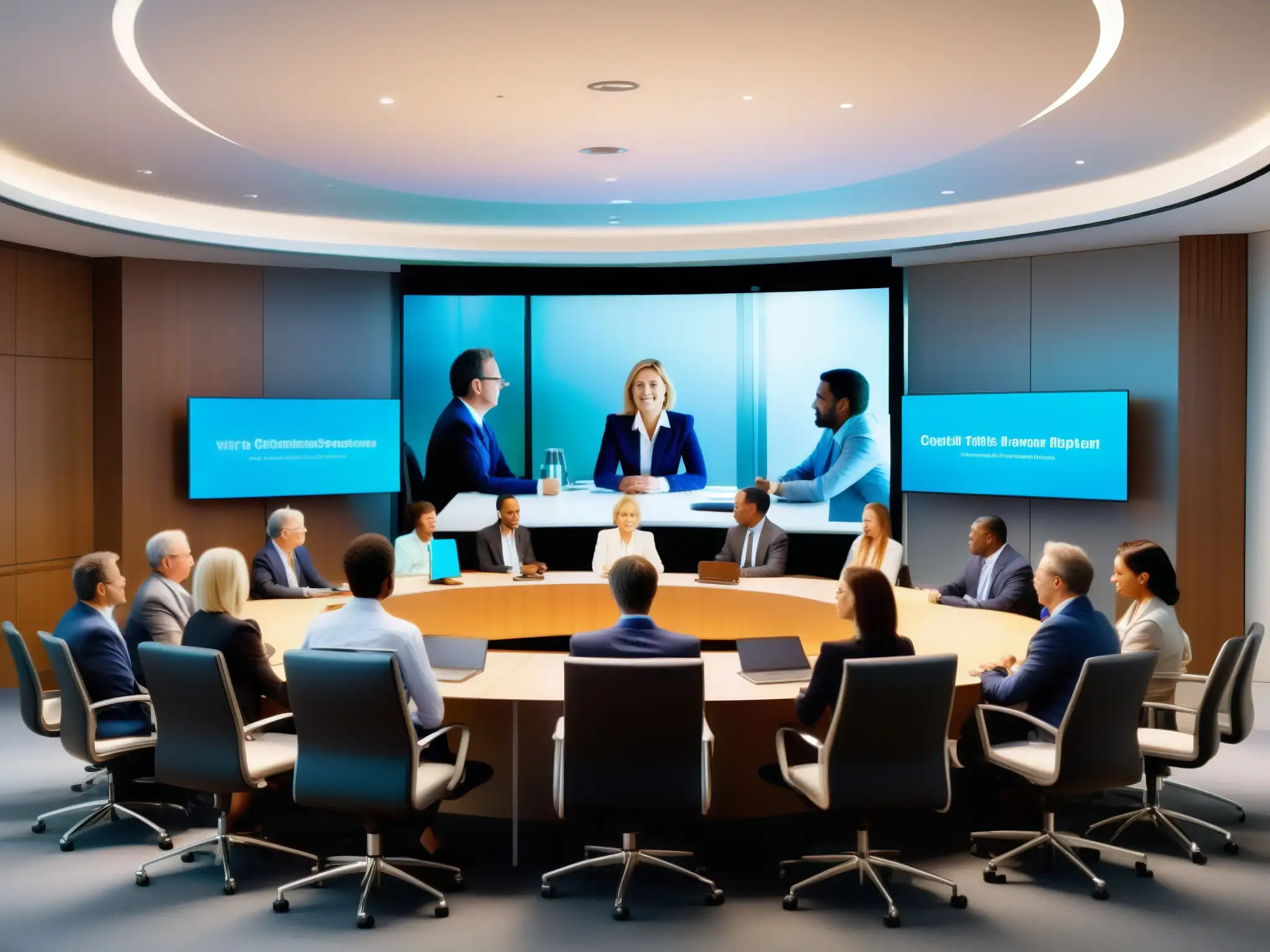 Sala de conferencias virtual: Revolución tecnológica en acción Profesionales se reúnen en sala de conferencias con tecnología de videoconferencias de IA, creando una atmósfera dinámica y revolucionaria
