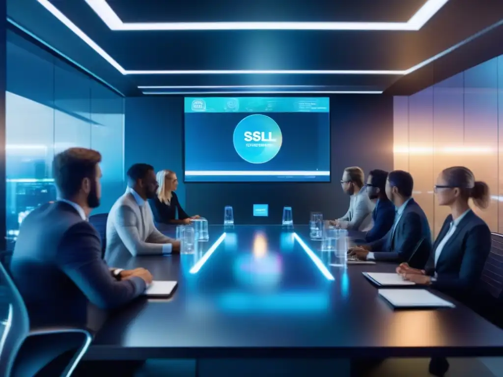 Sala de videoconferencias futurista con certificados SSL Profesionales en sala de conferencias virtual con certificados SSL, destacando la importancia de la seguridad en videoconferencias