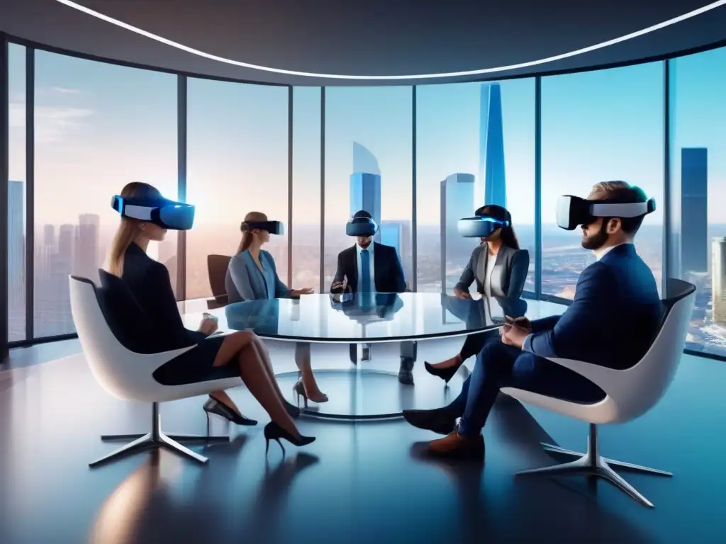 Profesionales inmersos en la realidad virtual en sala futurista Profesionales en sala futurista con pantallas virtuales y modelos 3D