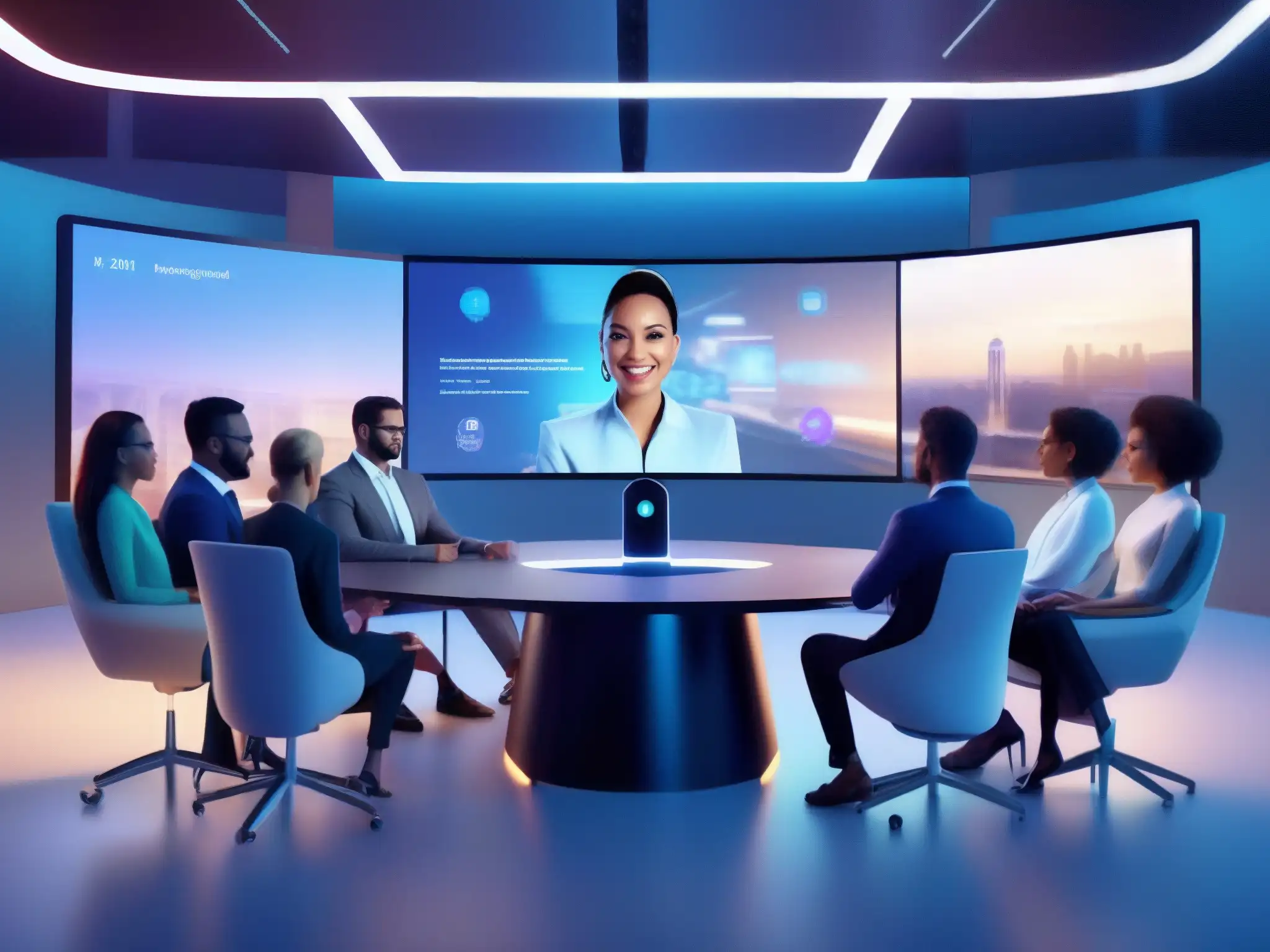 Reunión futurista con avatares AI personalizados Profesionales en una sala futurista de reuniones por videoconferencia con avatares de IA personalizados