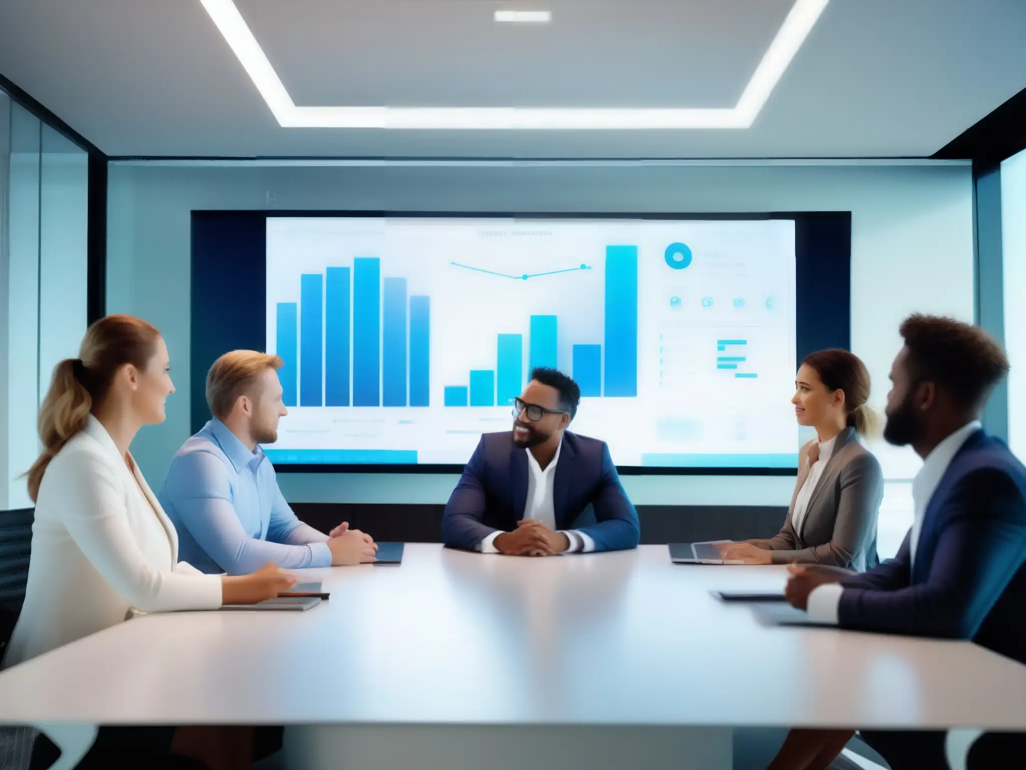 Reunión de profesionales en sala de juntas futurista Profesionales en sala de juntas moderna con plataformas de videoconferencia y protocolos de seguridad personalizables