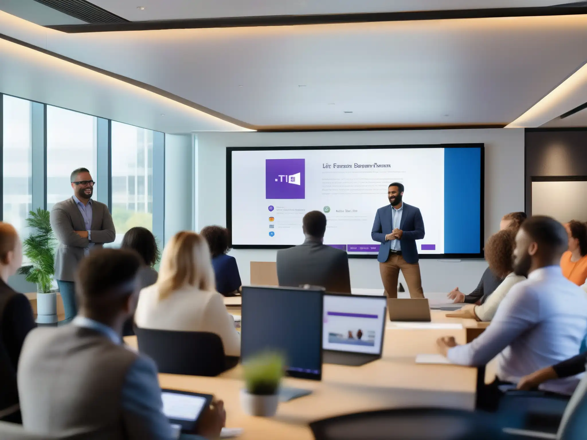 Conferencia dinámica: Profesionales en acción Profesionales en una sala moderna participando en un evento de Microsoft Teams Live para PYMES, con colaboración e innovación