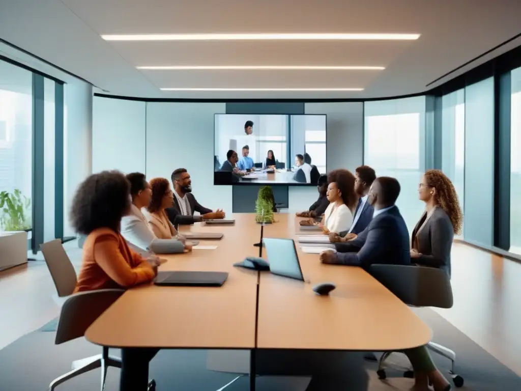 Reunión de profesionales: colaboración inclusiva Profesionales colaborando en una sala moderna con herramientas de videoconferencia