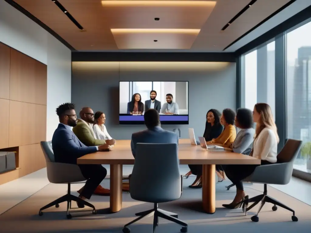 Profesionales modernos colaborando en Microsoft Teams Profesionales colaboran en una sala moderna con luz natural, usando Microsoft Teams para gestionar videoconferencias con productividad