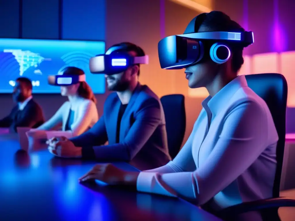 Profesionales inmersos en realidad virtual en sala futurista Profesionales usando VR en sala de reuniones futurista, interactuando con hologramas