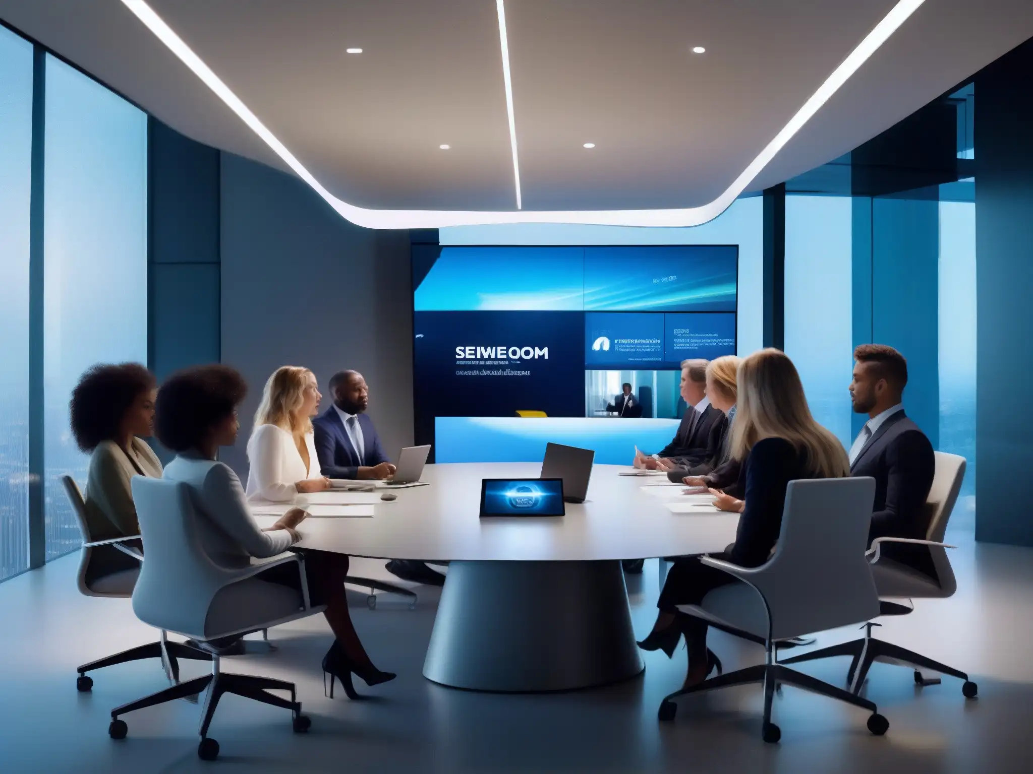 Reunión de profesionales en sala futurista con videoconferencia 5G Profesionales en sala de reuniones futurista, usando tecnología 5G para videoconferencia