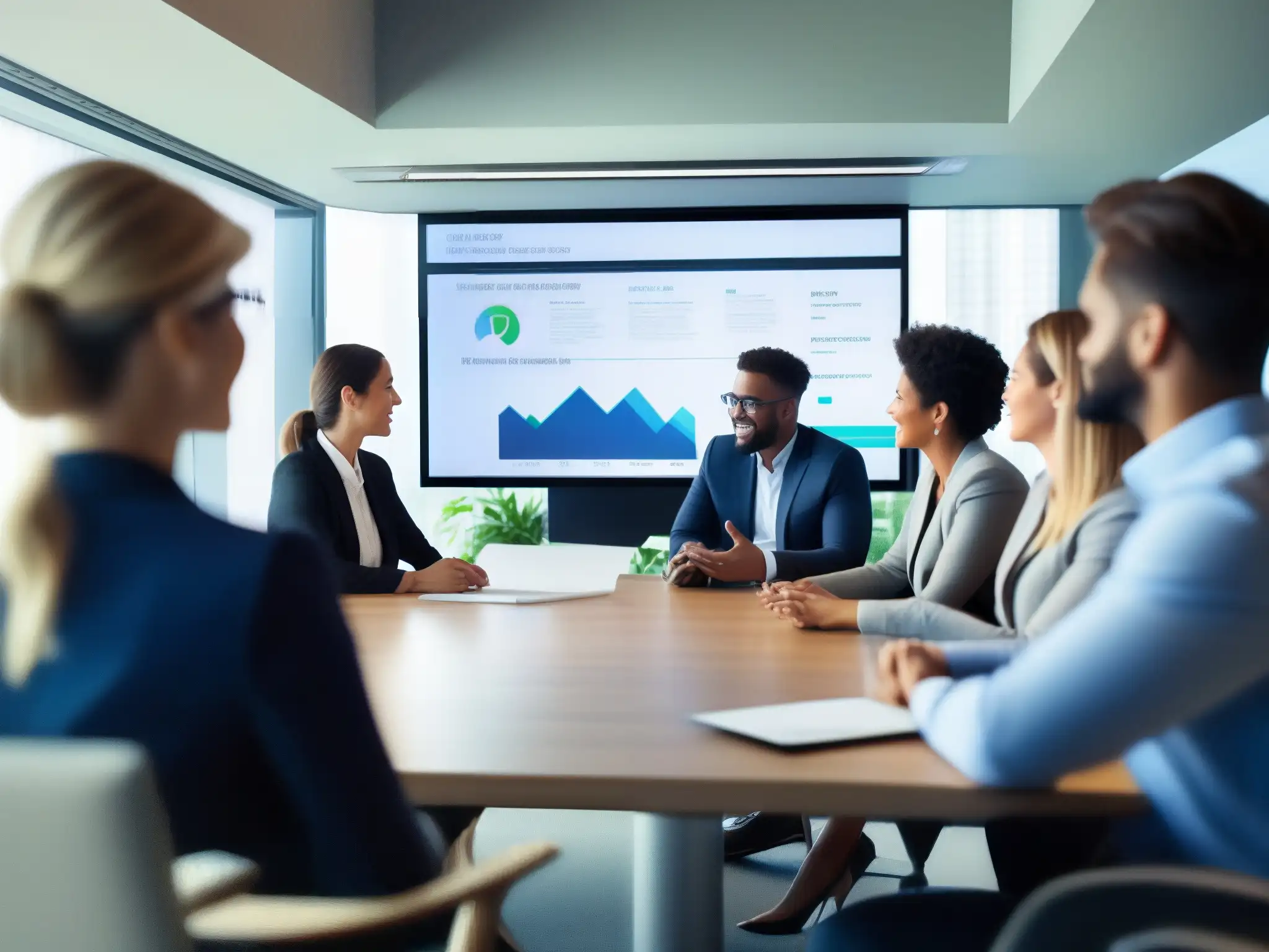 Reunión de negocios con tecnología Lifesize y CRM Profesionales colaborando en una sala de reuniones moderna, con pantalla Lifesize mostrando datos de CRM