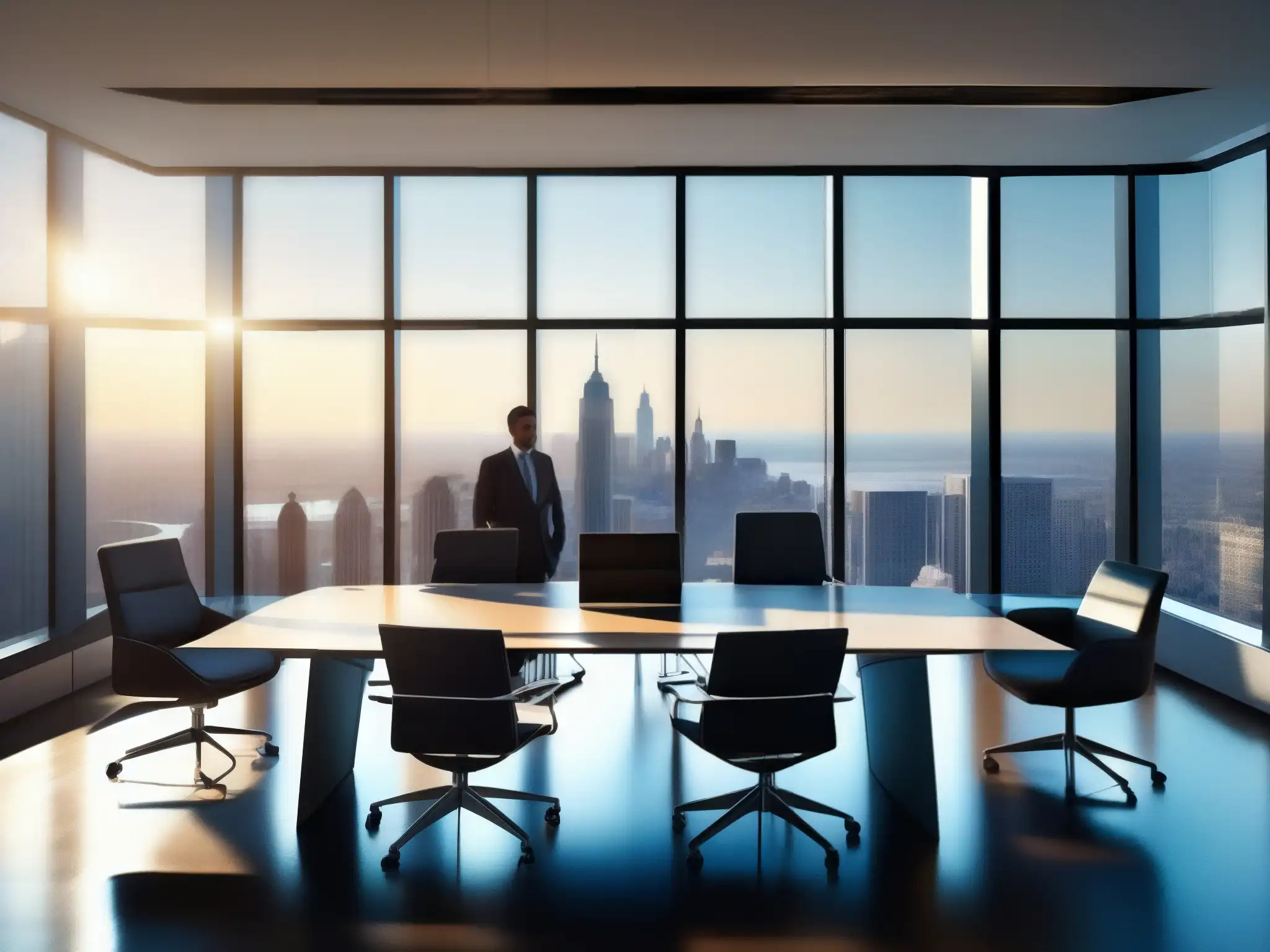 Sala de reuniones moderna con vista a la ciudad y profesionales diversos Profesionales en sala de reuniones moderna con integración plataformas videoconferencia