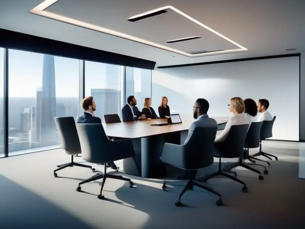 Sala de reuniones moderna: colaboración profesional y tecnológica Profesionales colaborando en sala de reuniones moderna con pantalla de videoconferencia