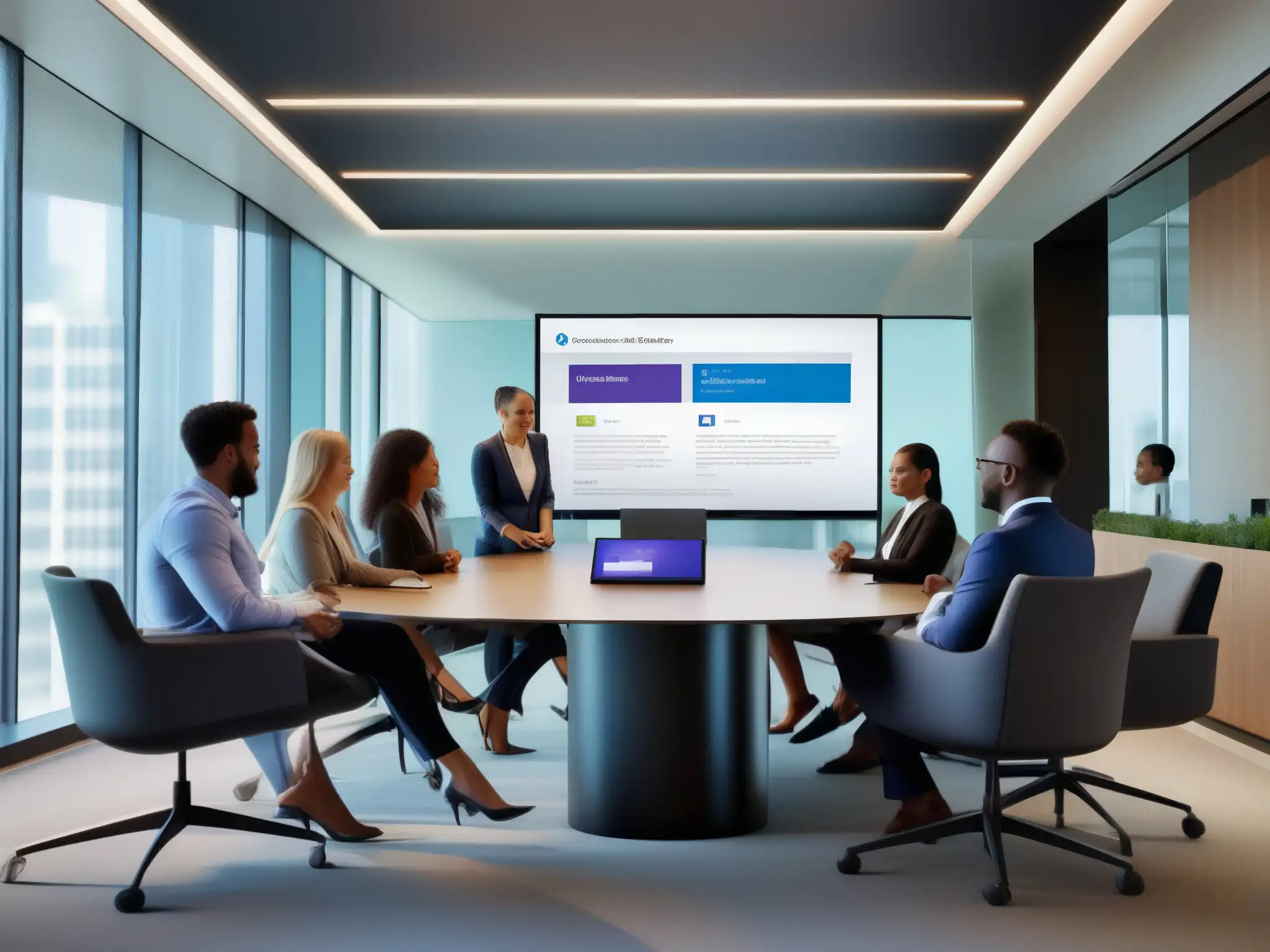 Profesionales colaborando en una sala de reuniones moderna con Microsoft Teams Profesionales colaborando en Microsoft Teams en una sala de reuniones moderna y luminosa, fomentando la integración y colaboración