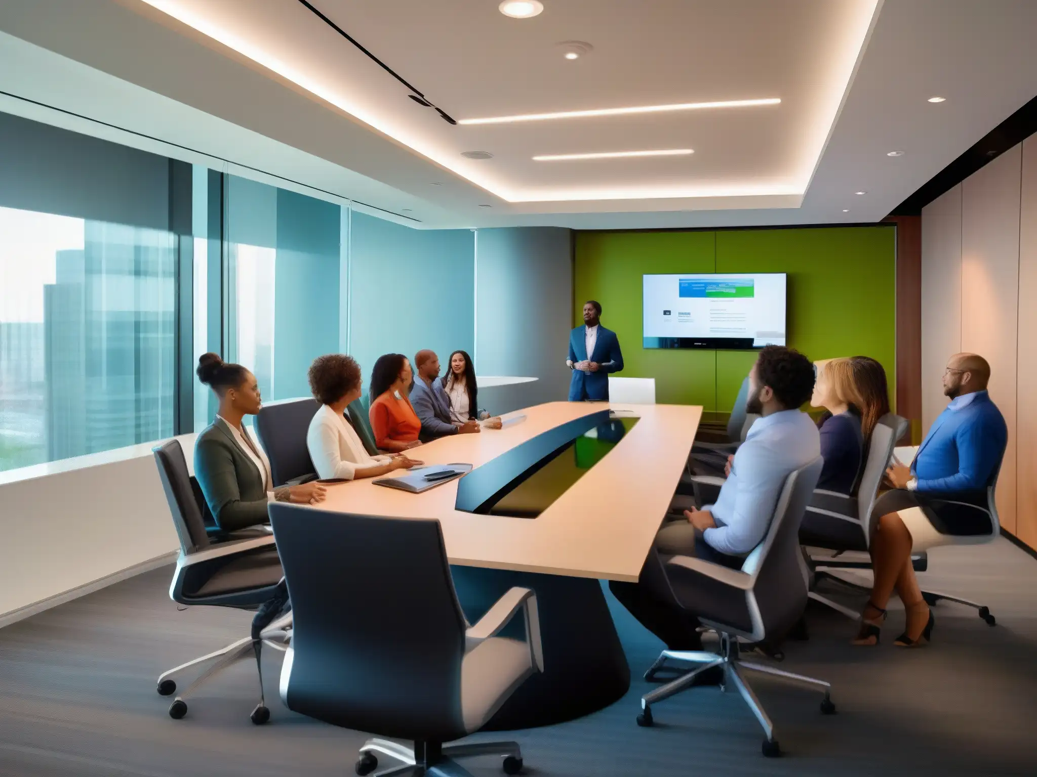 Reunión de profesionales con tecnología de vanguardia Profesionales colaborando en sala de reuniones moderna con tecnología Zoom para mejorar la colaboración en PYME