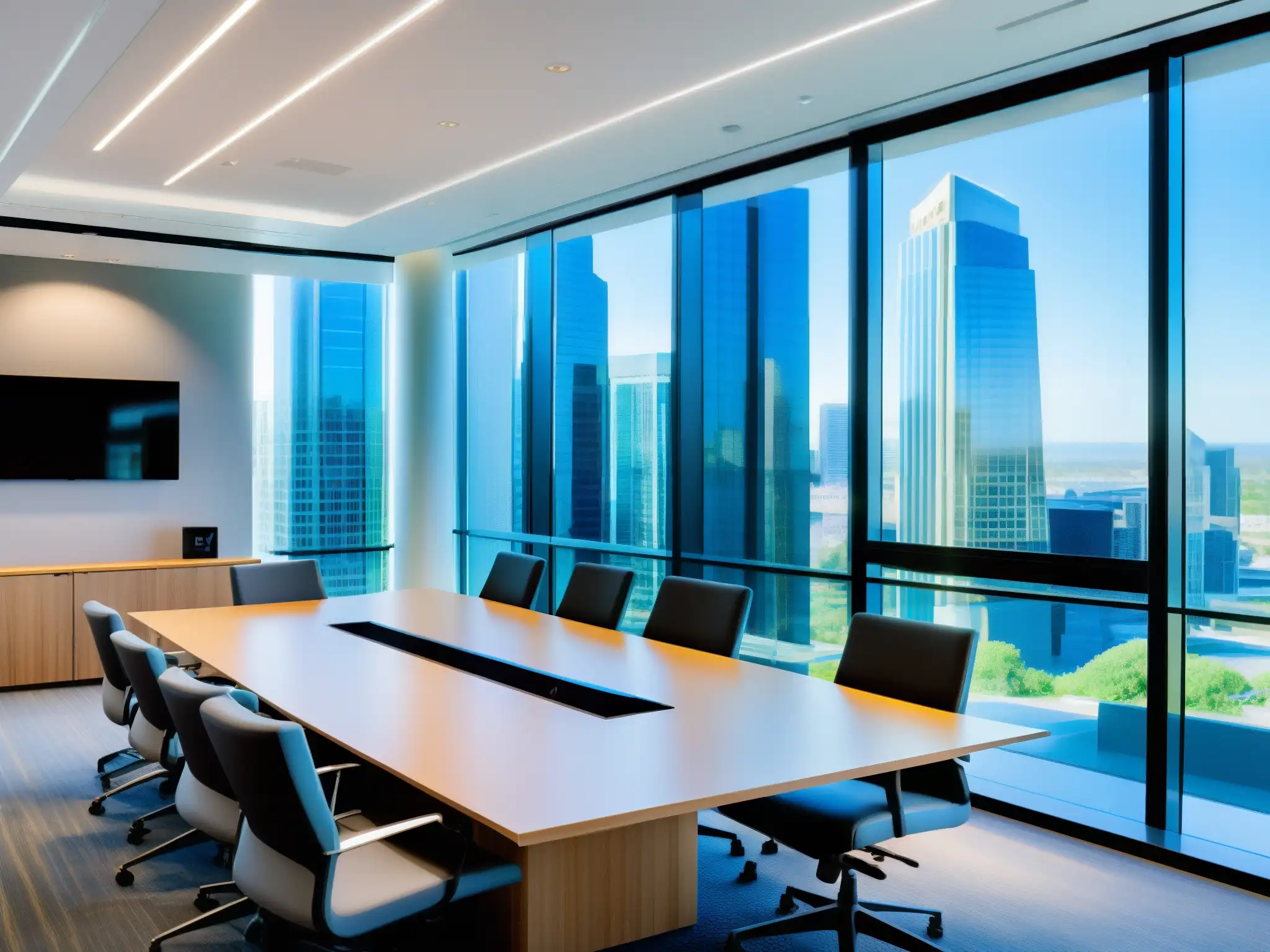 Oficina moderna con Zoom Rooms para colaboración eficiente Profesionales colaborando en sala de reuniones moderna con tecnología Zoom, mejora colaboración PYME salas Zoom