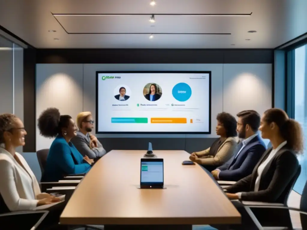 Comparativa de Plataformas: Profesionales en Sala de Reuniones Profesionales en una sala de reuniones moderna y vibrante, comparando plataformas de videoconferencia