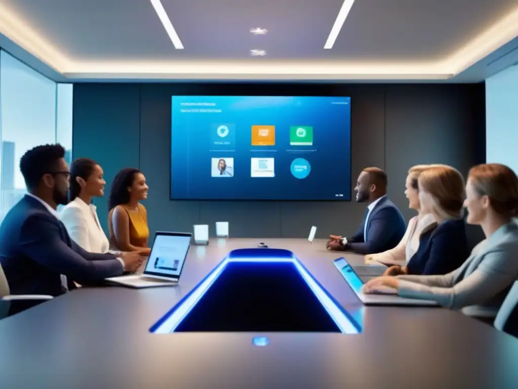 Sala de reuniones futurista con videoconferencia de vanguardia Profesionales en una sala de reuniones moderna, debatiendo y conectados a una videoconferencia de alta definición