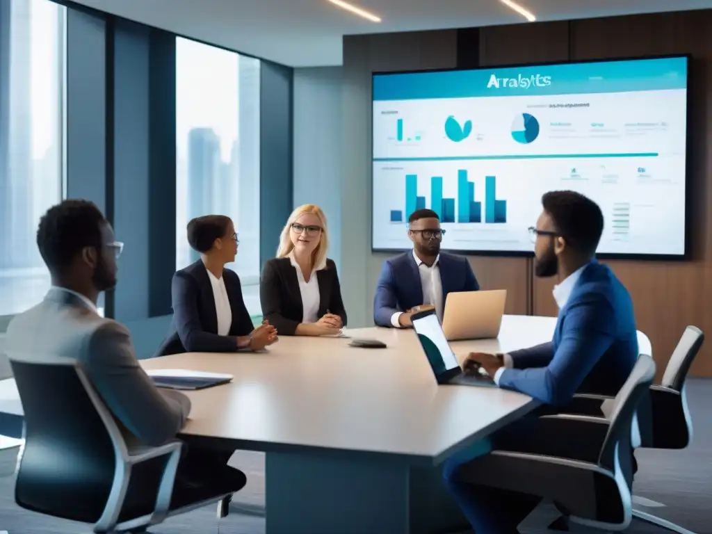 Reunión de profesionales con videoconferencia y análisis de datos Profesionales en una sala de reuniones moderna, participando en una videoconferencia con datos de analytics en pantalla