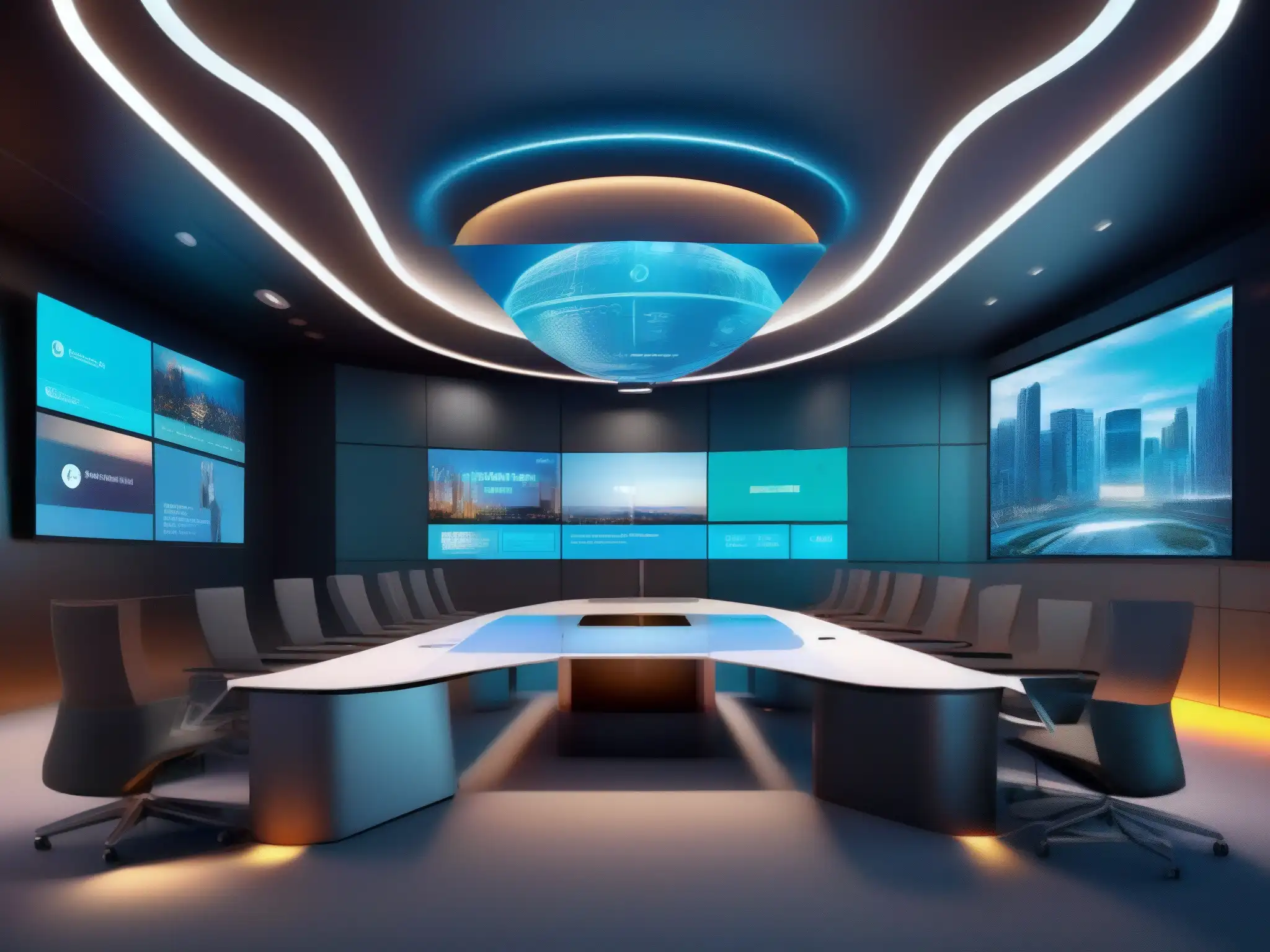 Sala de reuniones virtuales futurista y colaborativa Profesionales en una sala de reuniones virtual futurista, con tecnología de videoconferencias automatizadas