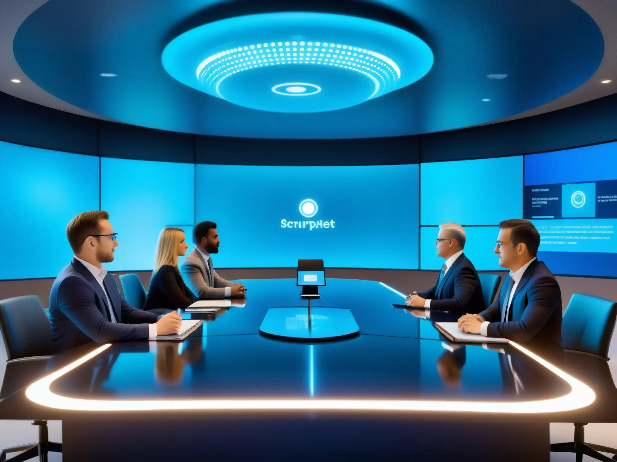 Sala de reuniones virtuales futurista y segura Profesionales en una sala de reuniones virtual futurista, con medidas avanzadas de seguridad, en una videoconferencia profesional