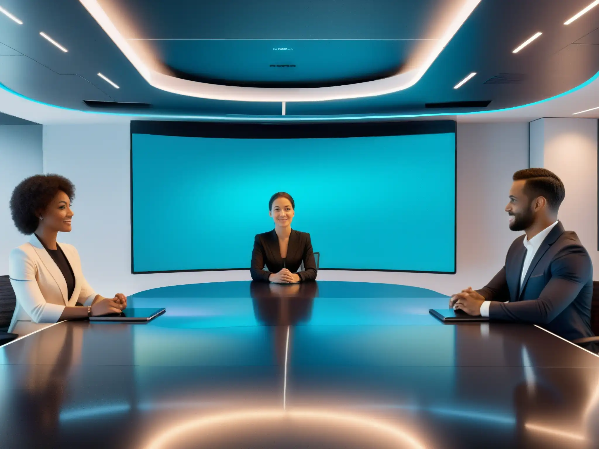 Salón de reuniones virtual futurista con IA avanzada Profesionales colaborando en sala de reuniones virtual futurista con tecnología de IA que mejora usabilidad plataformas videoconferencia
