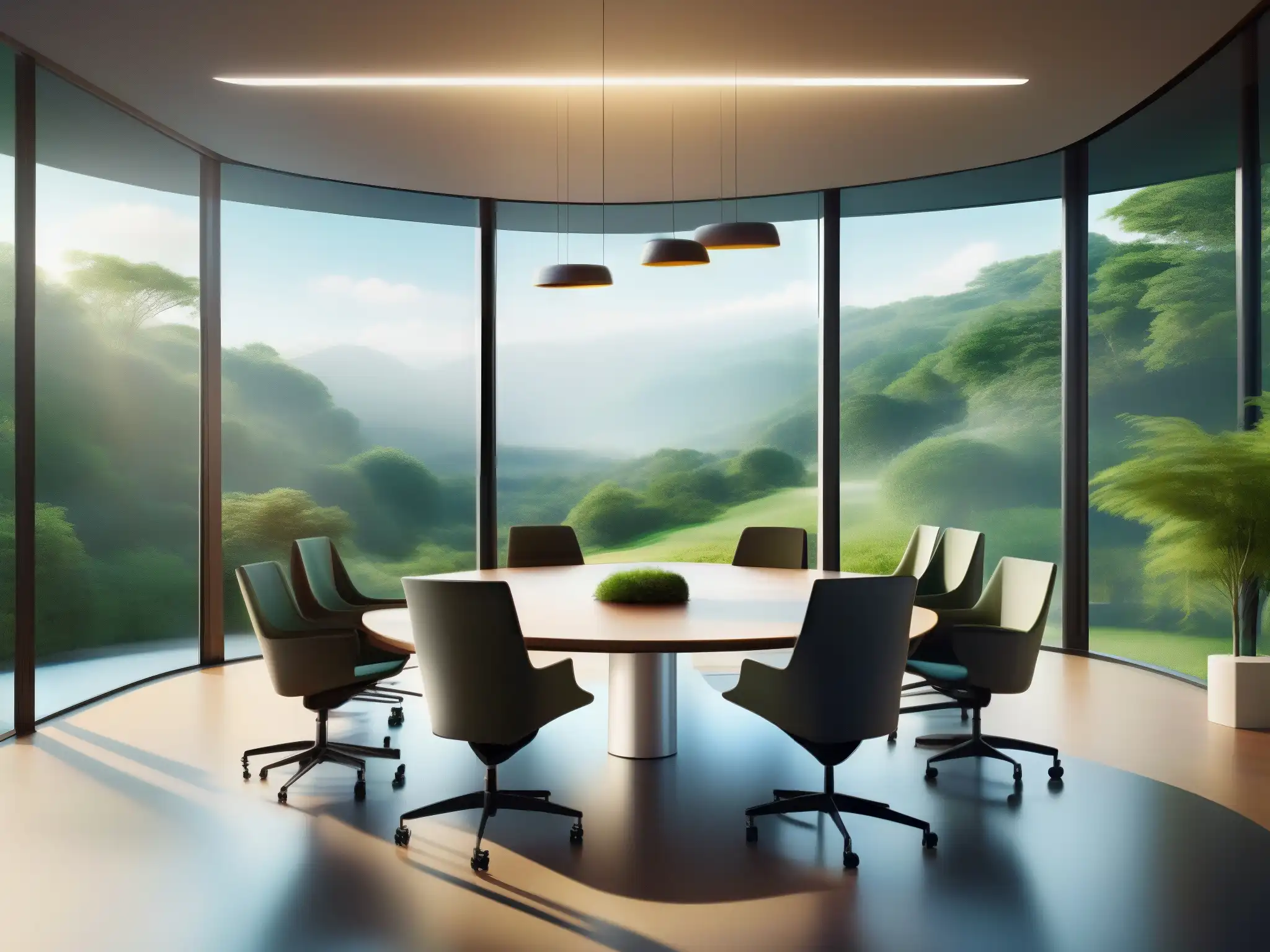 Sala de reuniones virtuales futurista en entorno sostenible Profesionales colaborando en sala de reuniones virtual futurista, con vistas a paisaje verde