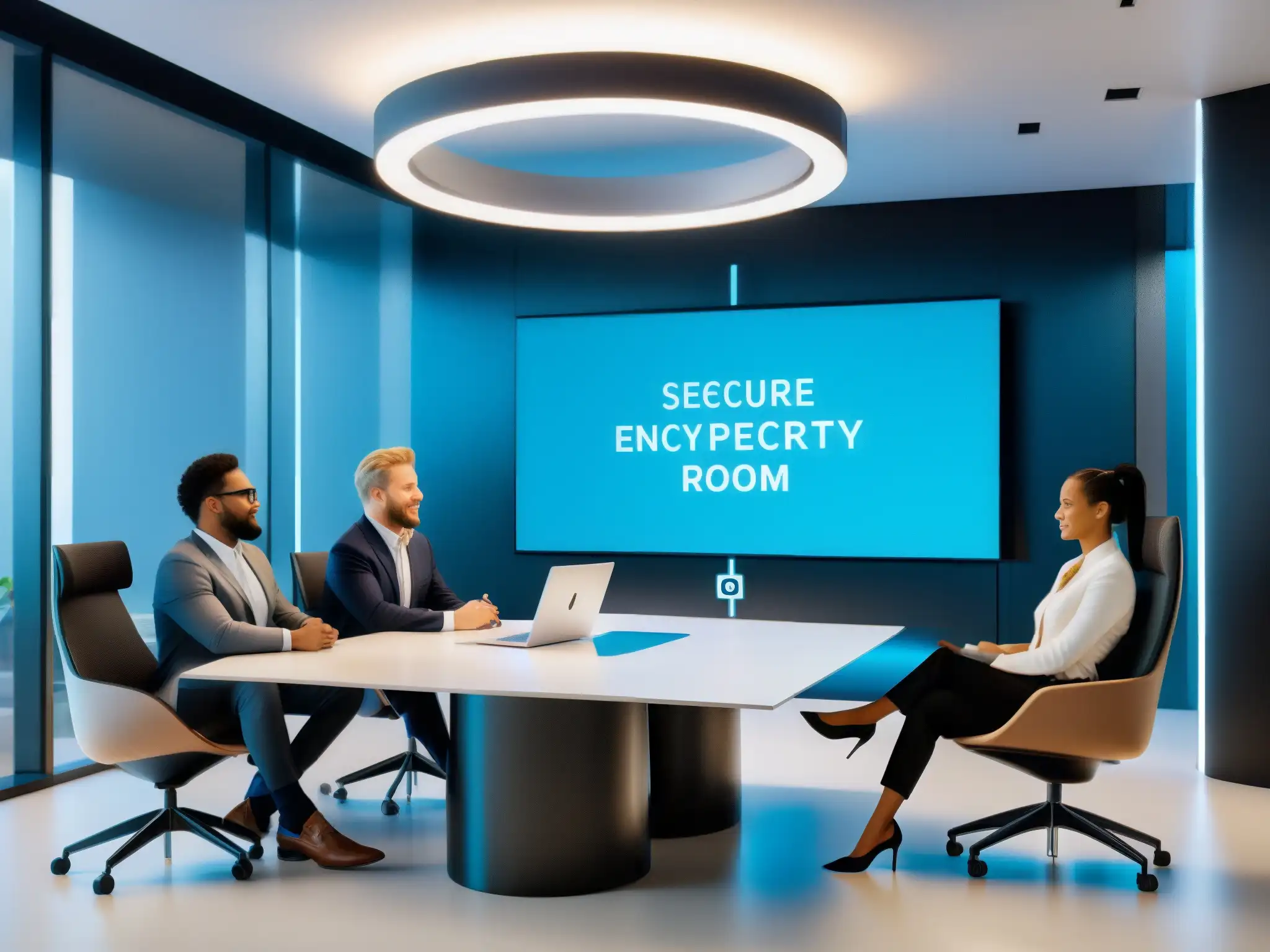 Videoconferencia segura en oficina moderna Profesionales en una sala de reuniones virtual con tecnología de ciberseguridad avanzada y mejores prácticas para videoconferencias