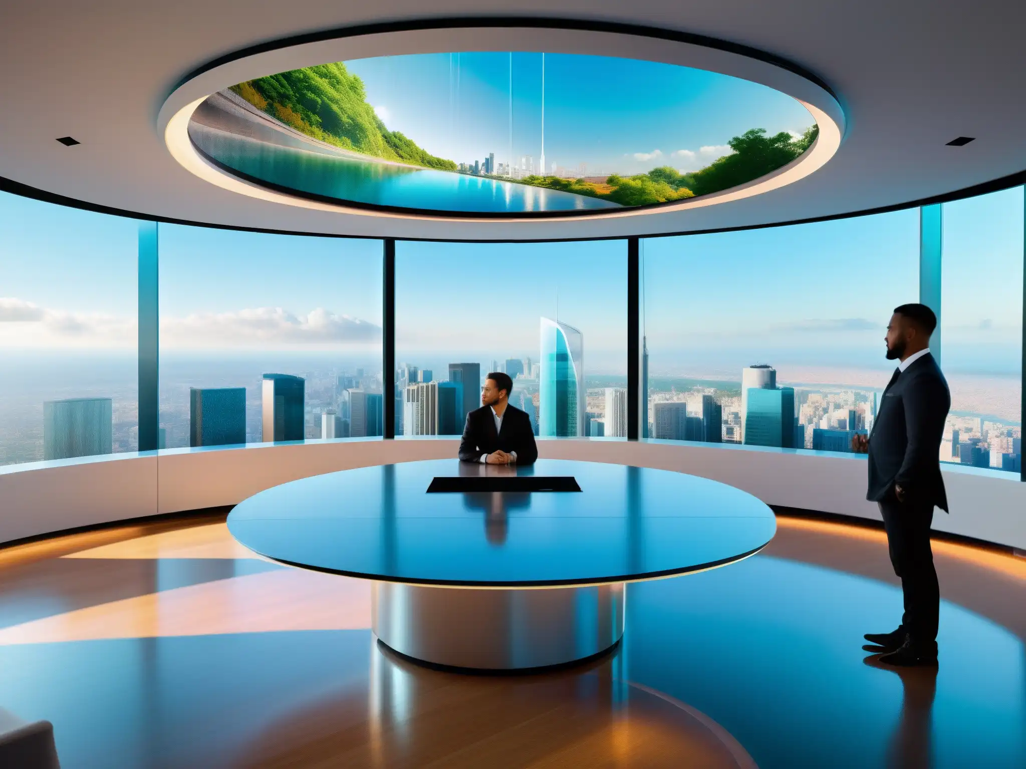 Sala de reuniones virtuales futurista con holografía avanzada Profesionales colaborando en una sala de reuniones virtual futurista con tecnología de videoconferencias holográficas