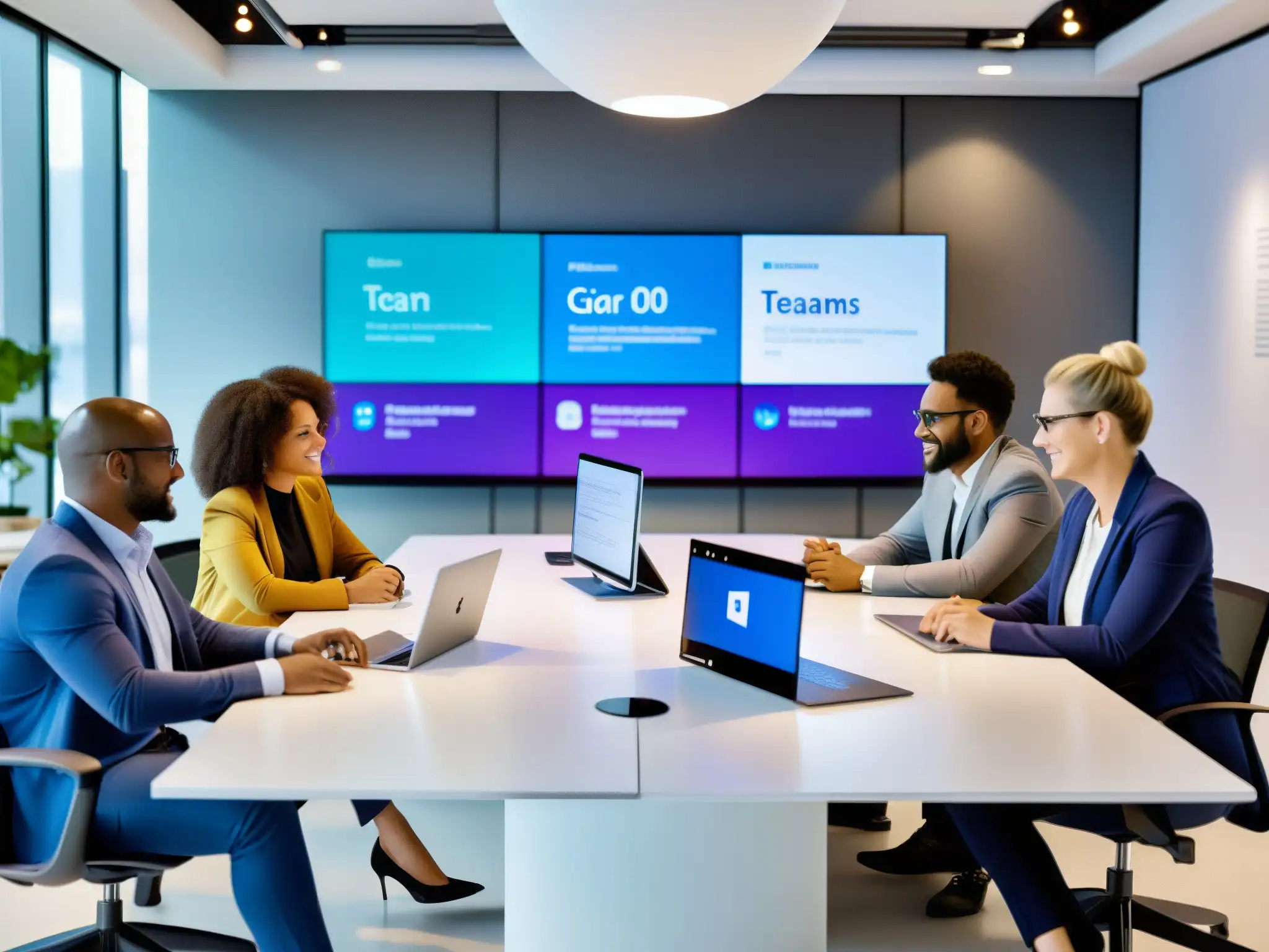 Colaboración innovadora con Microsoft Teams Profesionales colaborando en una sala con tecnología moderna, mostrando la efectividad de la Transformación Digital Multinacional con Microsoft Teams