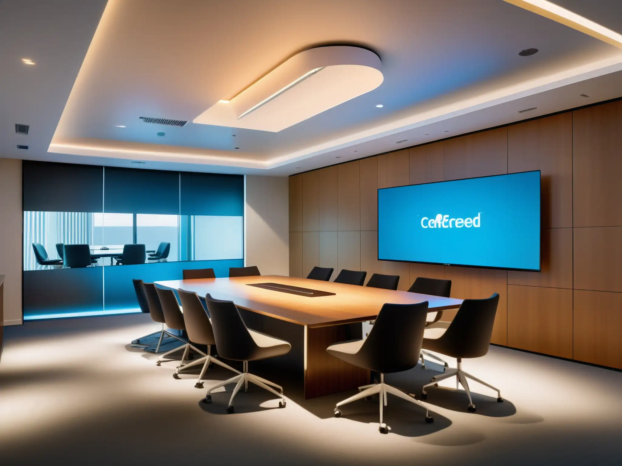 Sala de videoconferencias futurista con tecnología AI y ambiente cálido Profesionales se reúnen en sala de videoconferencia futurista con IA, creando un ambiente cálido y dinámico