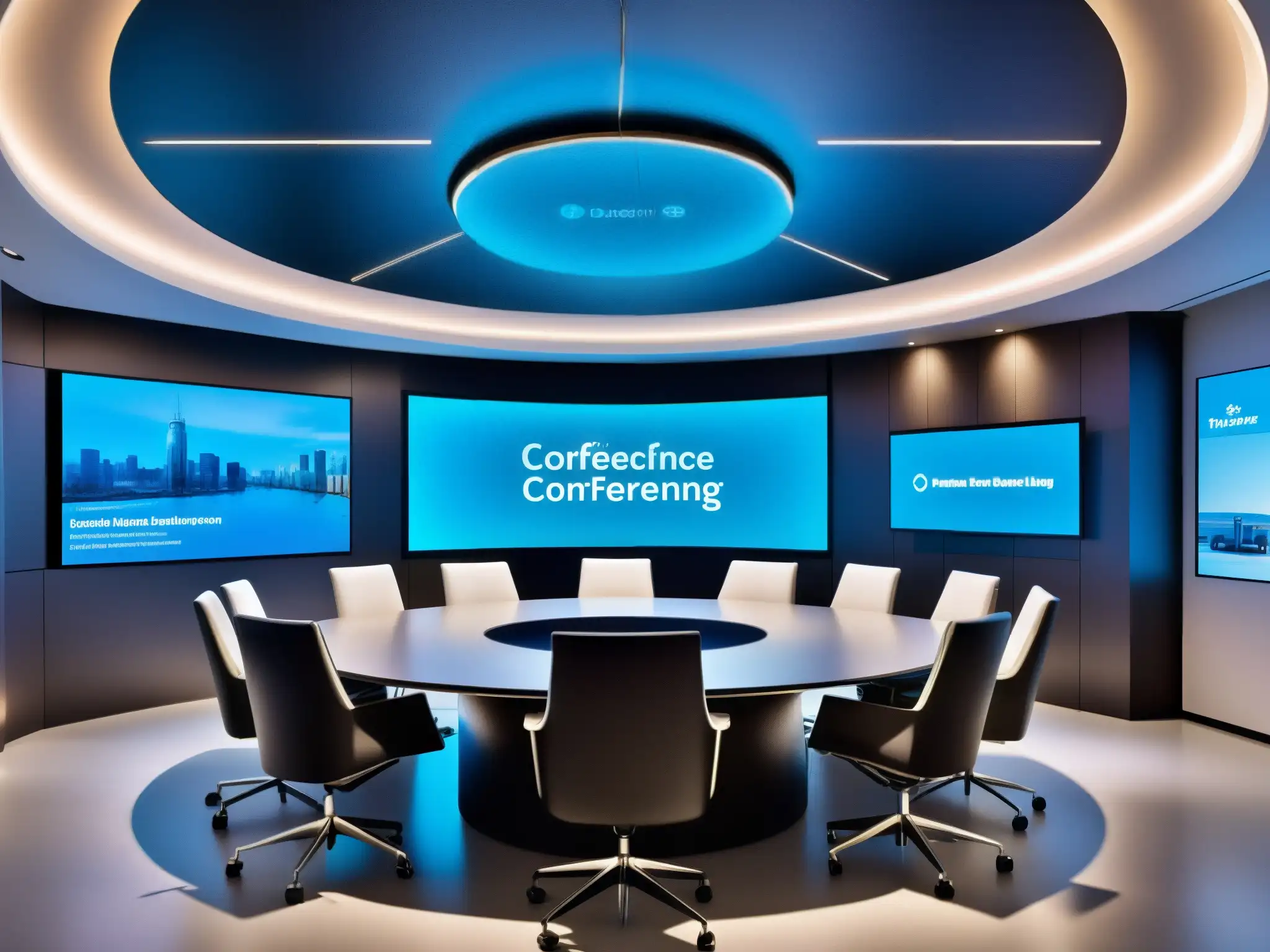 Sala de videoconferencias futurista y profesional con tecnología avanzada Profesionales en una sala de videoconferencias para gestión de crisis, con tecnología avanzada y diseño minimalista futurista