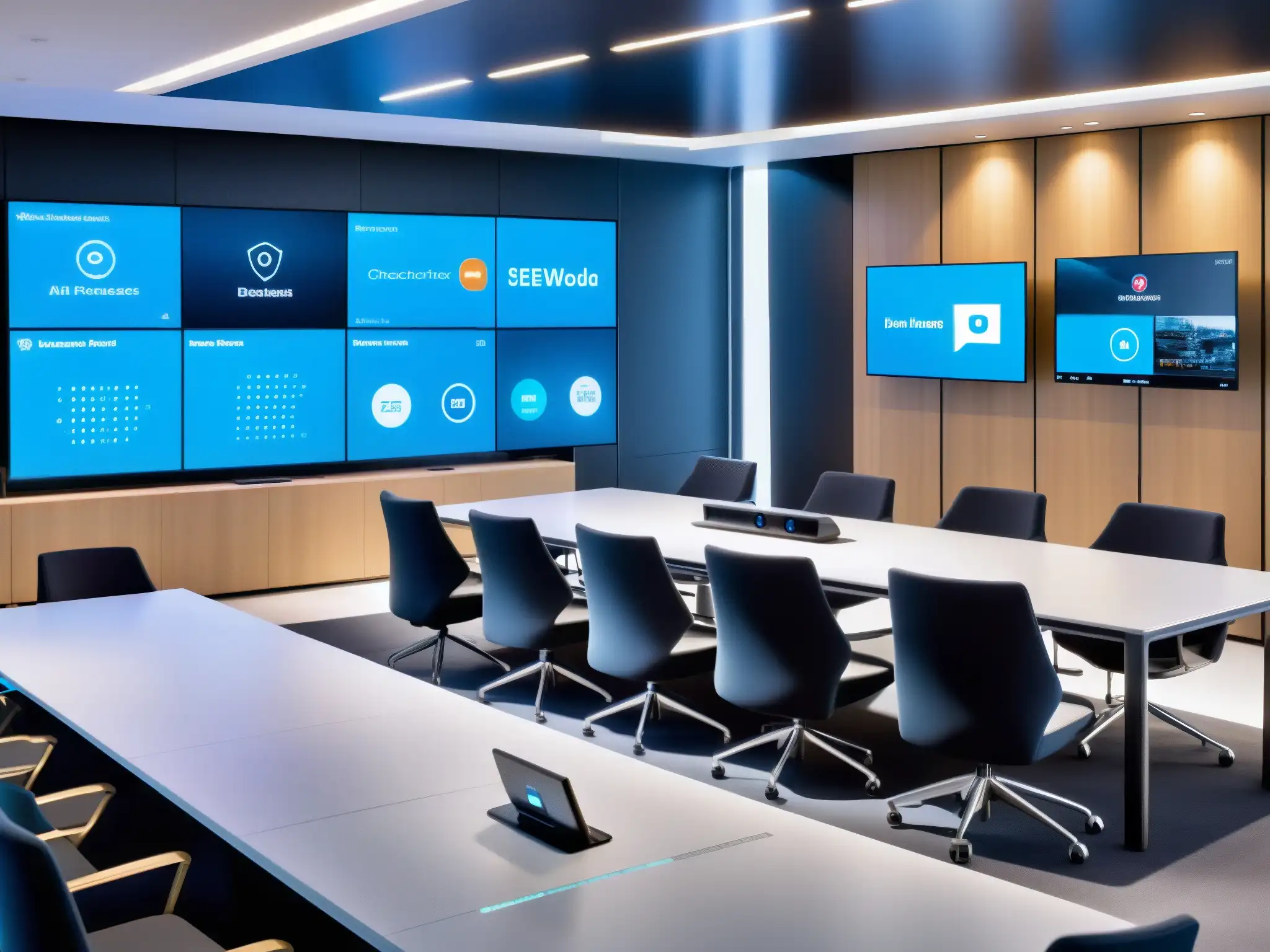 Sala de videoconferencias AI: Profesionales en acción Profesionales en una sala de videoconferencias con diseño futurista e integración de Inteligencia Artificial en Videoconferencias