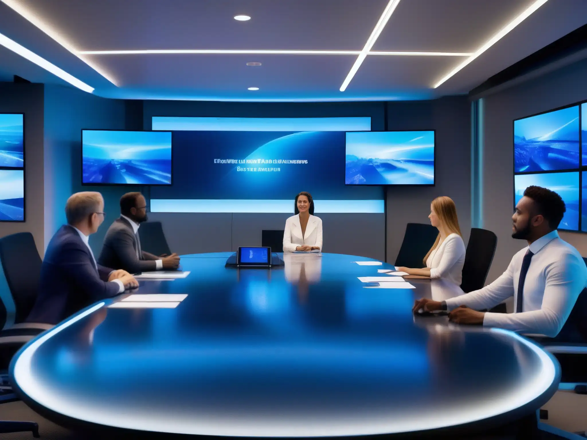 Conferencia futurista: profesionalismo y tecnología de vanguardia Profesionales en sala de videoconferencias futuras, con alta tecnología y ambiente profesional iluminado con LED azul