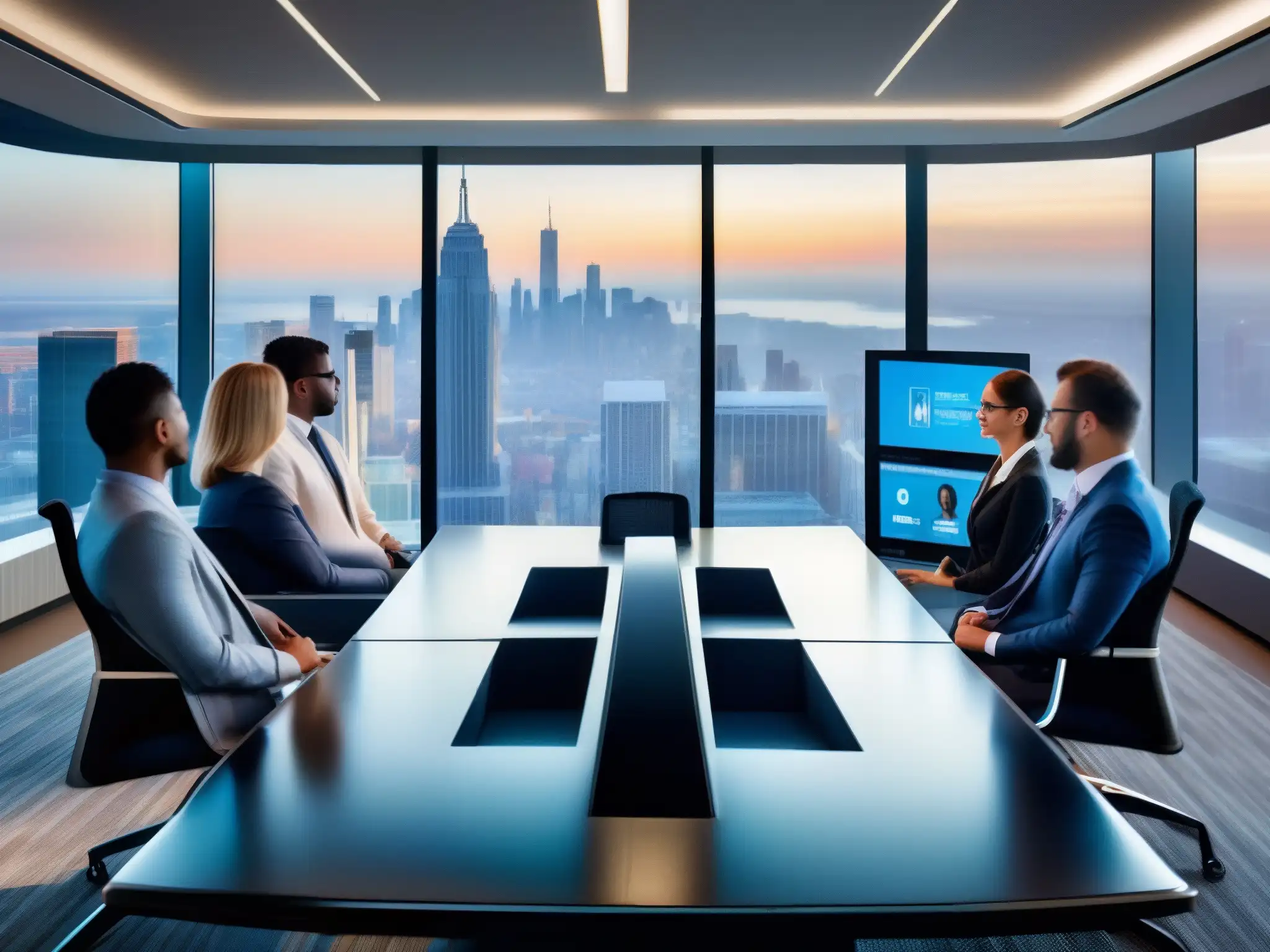 Sala de videoconferencias futurista con vista a la ciudad Profesionales colaboran en una sala de videoconferencias futurista con integración de herramientas videoconferencia CRM, bañada en luz natural