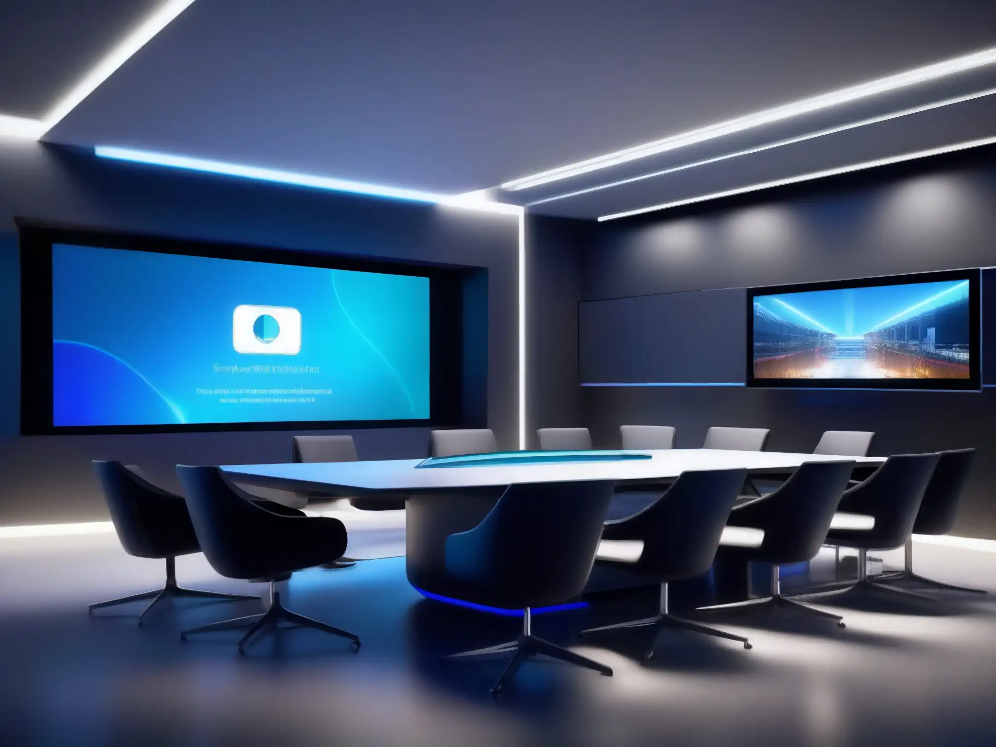 Sala de videoconferencias futurista y colaborativa Profesionales colaborando en una sala de videoconferencias futurista, destacando la importancia de las redes en la entrega de contenido