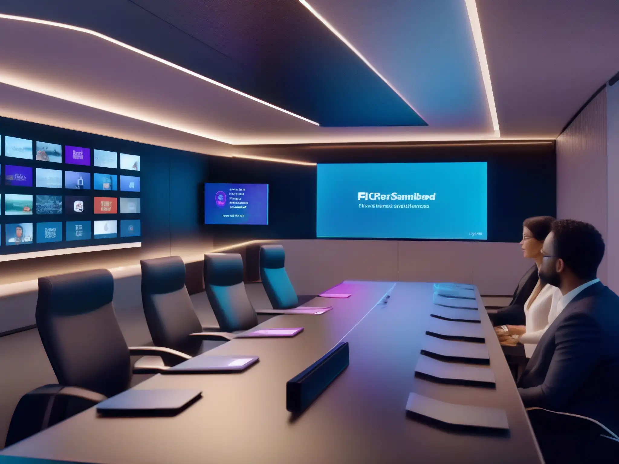 Sala de videoconferencias futurista: colabore con IA y VR Profesionales en una sala de videoconferencias futurista con inteligencia artificial, tecnología holográfica y ambiente de vanguardia
