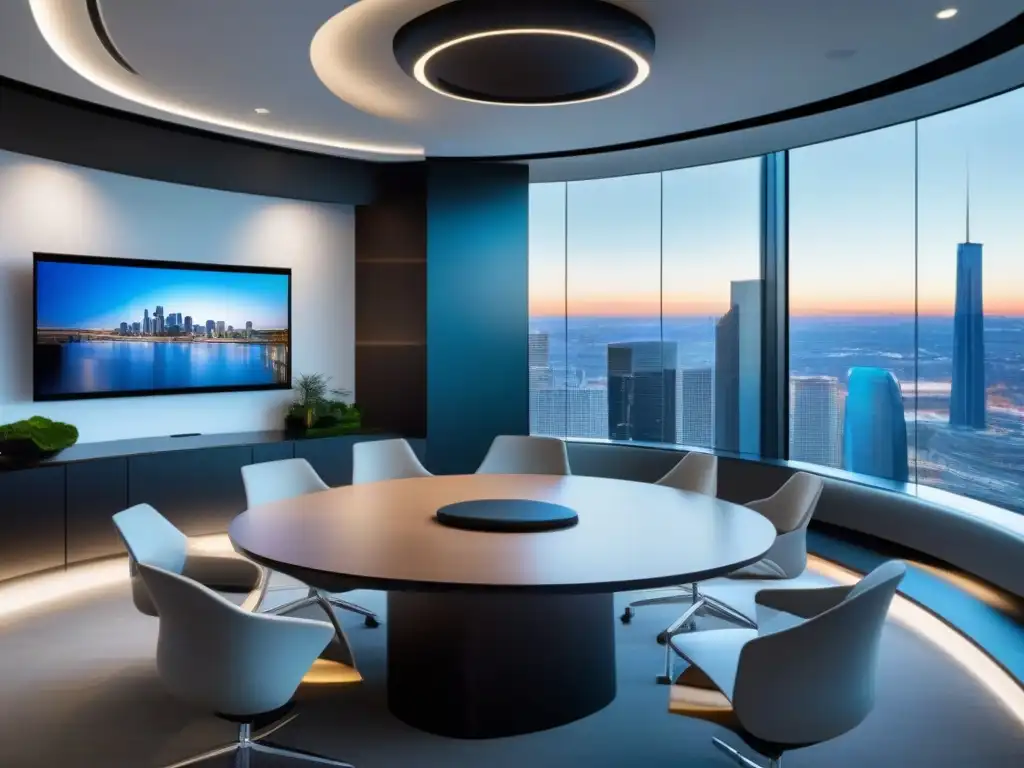Sala de videoconferencias futurista con vista a la ciudad Profesionales colaborando en una sala de videoconferencias futurista con vistas a la ciudad