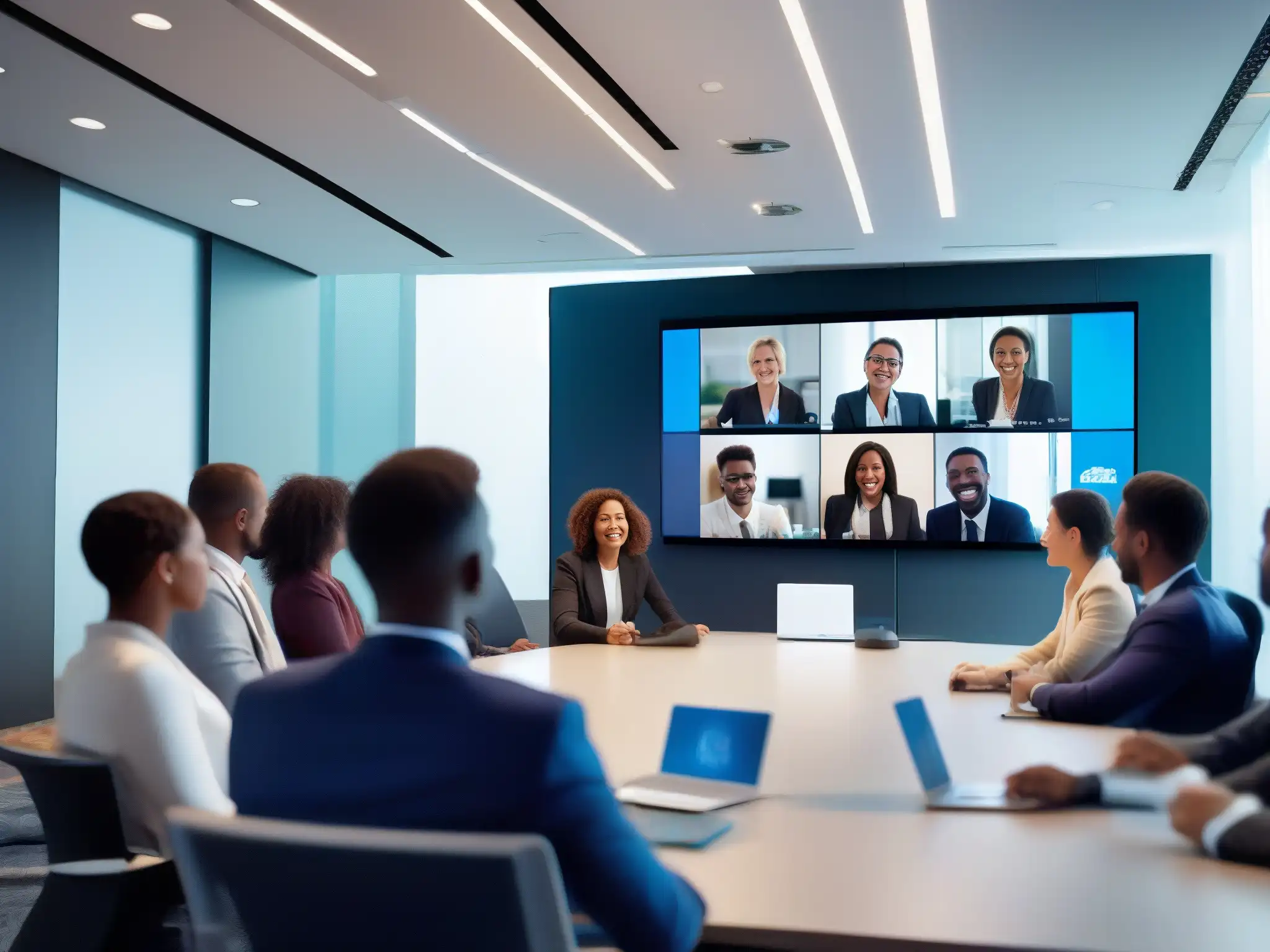 Sala de videoconferencias moderna y dinámica Profesionales en sala de videoconferencias moderna, colaborando con entusiasmo para mejorar comunicación interna