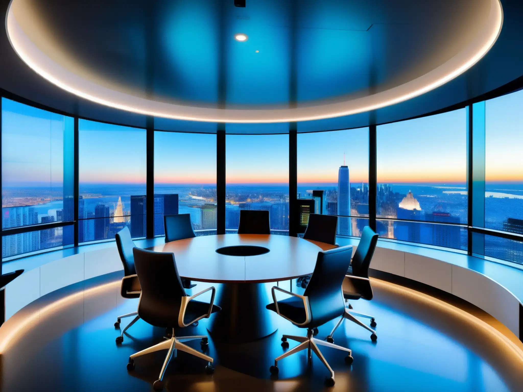 Videoconferencia empresarial: Sala moderna con vista panorámica Profesionales colaborando en una sala de videoconferencias moderna con vista a la ciudad