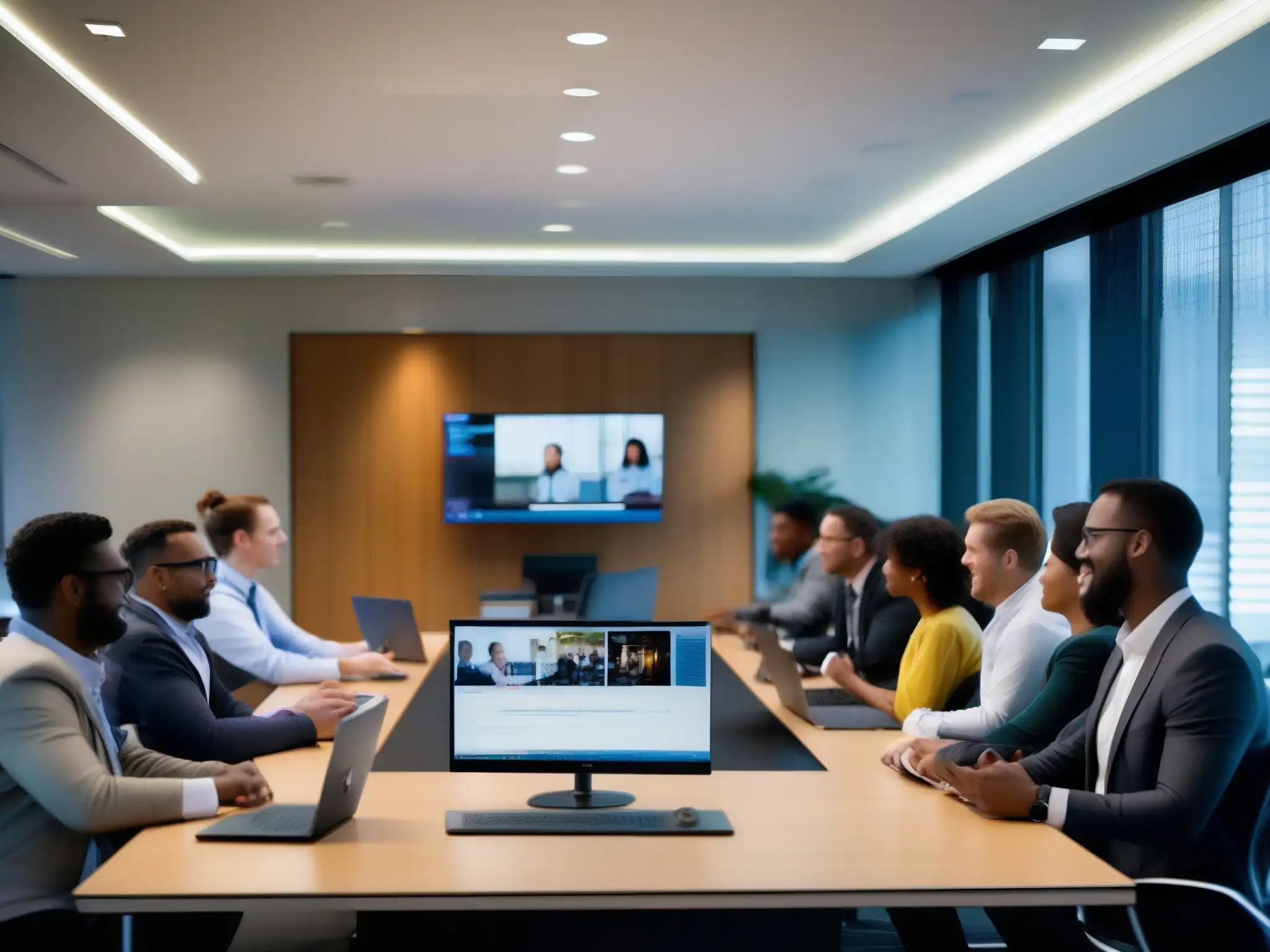 Equipo de profesionales en sala de conferencias moderna Profesionales colaboran en sala de videoconferencias con tecnología de vanguardia