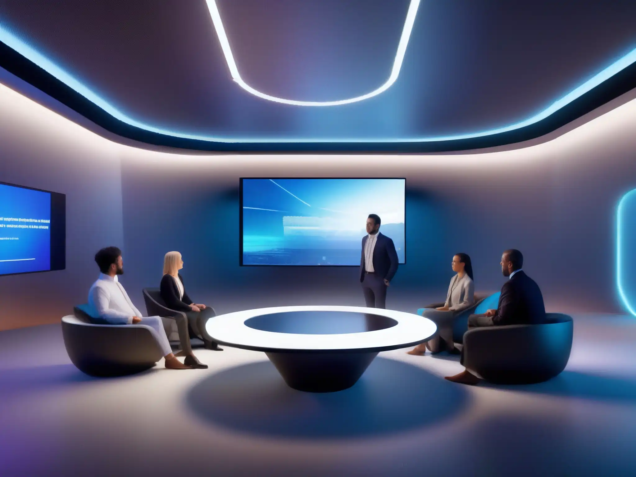 Sala de reuniones virtuales futurista: innovación y colaboración en 8k Profesionales en sala virtual futurista, interactuando con tecnología avanzada