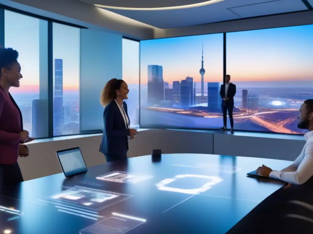 Colaboración virtual: equipo diverso en innovadora discusión Profesionales colaborando en sala virtual para mejorar productividad, con vistas a la ciudad y tecnología innovadora