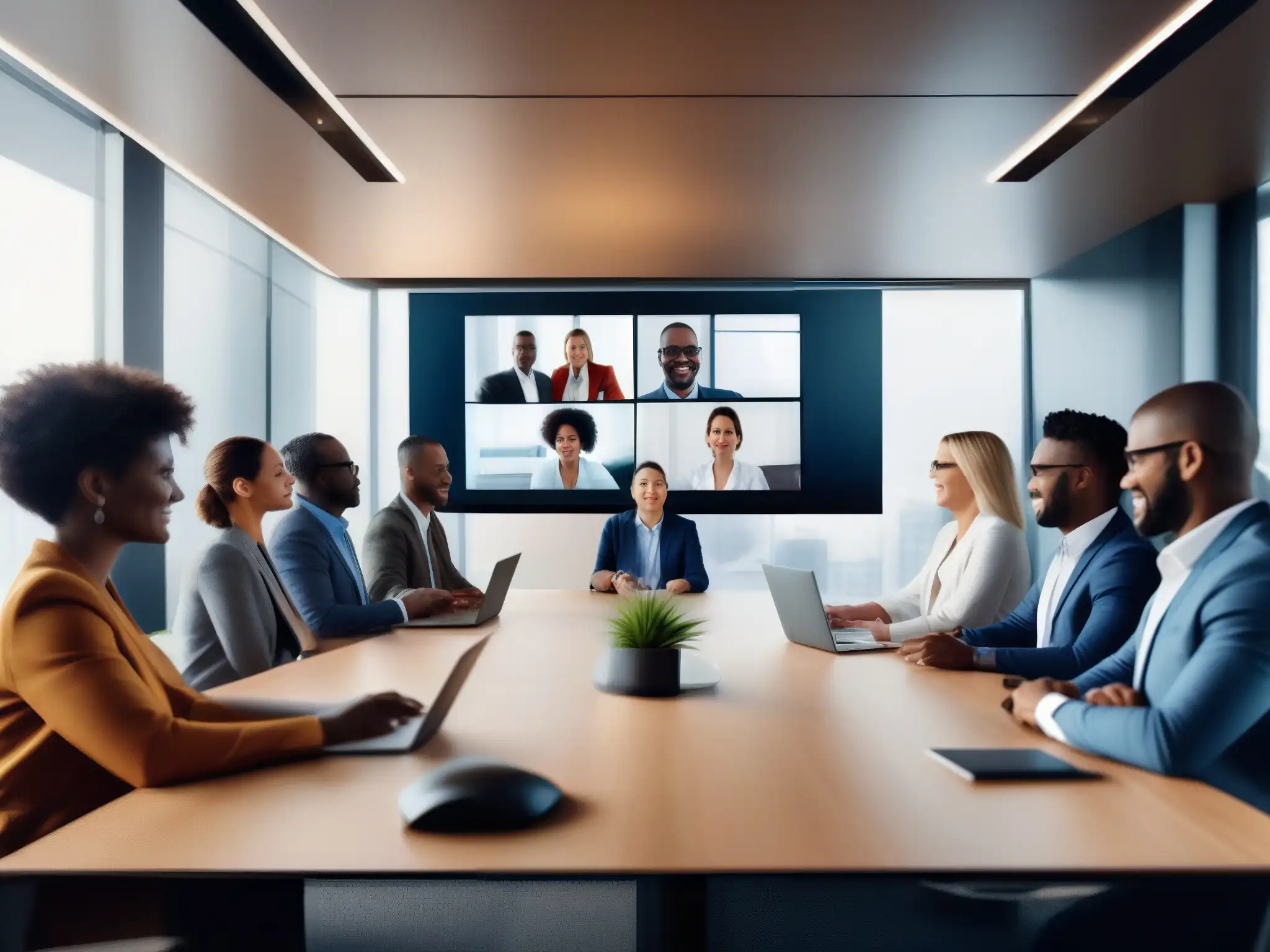 Equipo diverso colaborando en reunión virtual Profesionales diversos colaborando en una sala virtual para mejorar productividad, con actitud dinámica e inclusiva