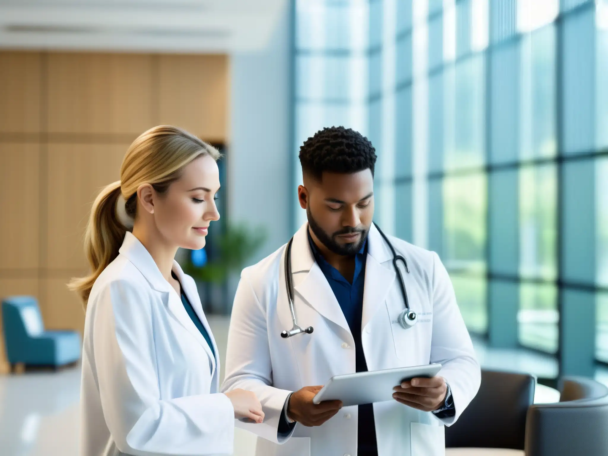Profesionales de la salud colaborando en hospital moderno Profesionales de la salud en colaboración digital en un hospital moderno