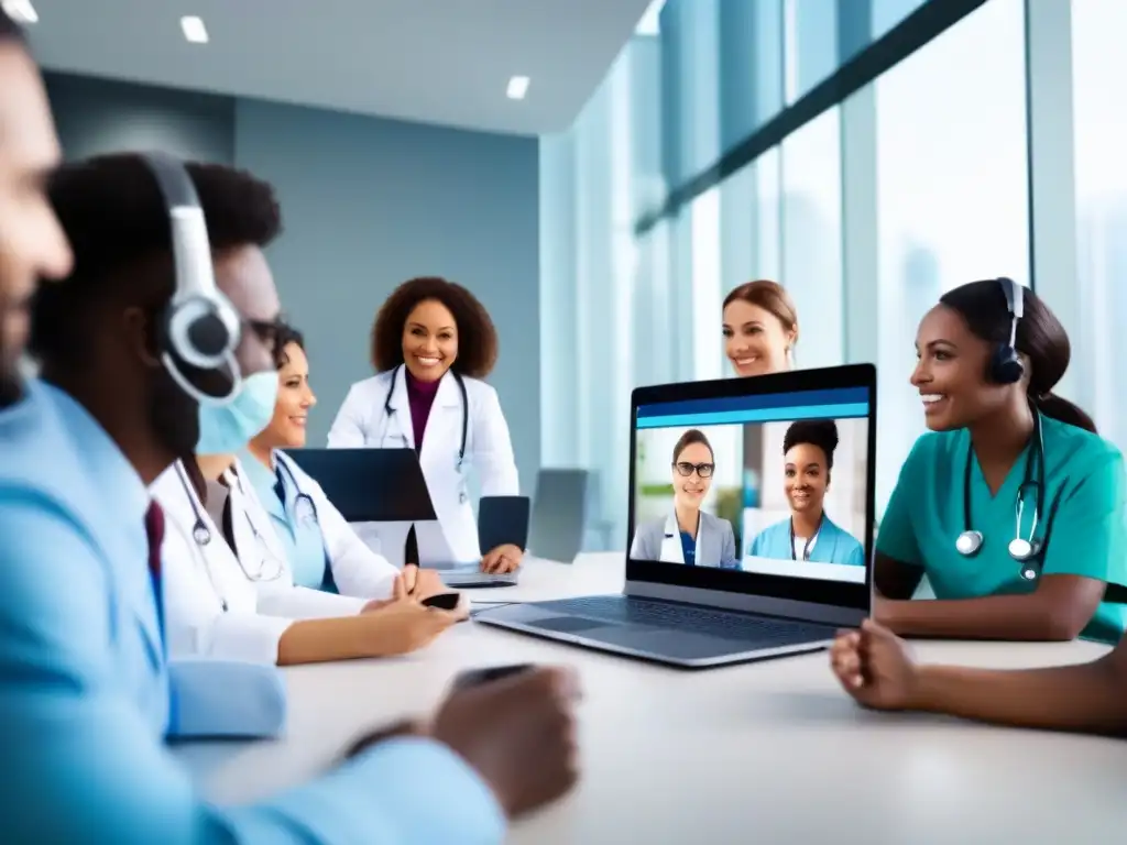 Profesionales de la salud en conferencia virtual Profesionales de la salud usan herramientas de videoconferencia para colaborar en casos médicos en un entorno moderno y profesional