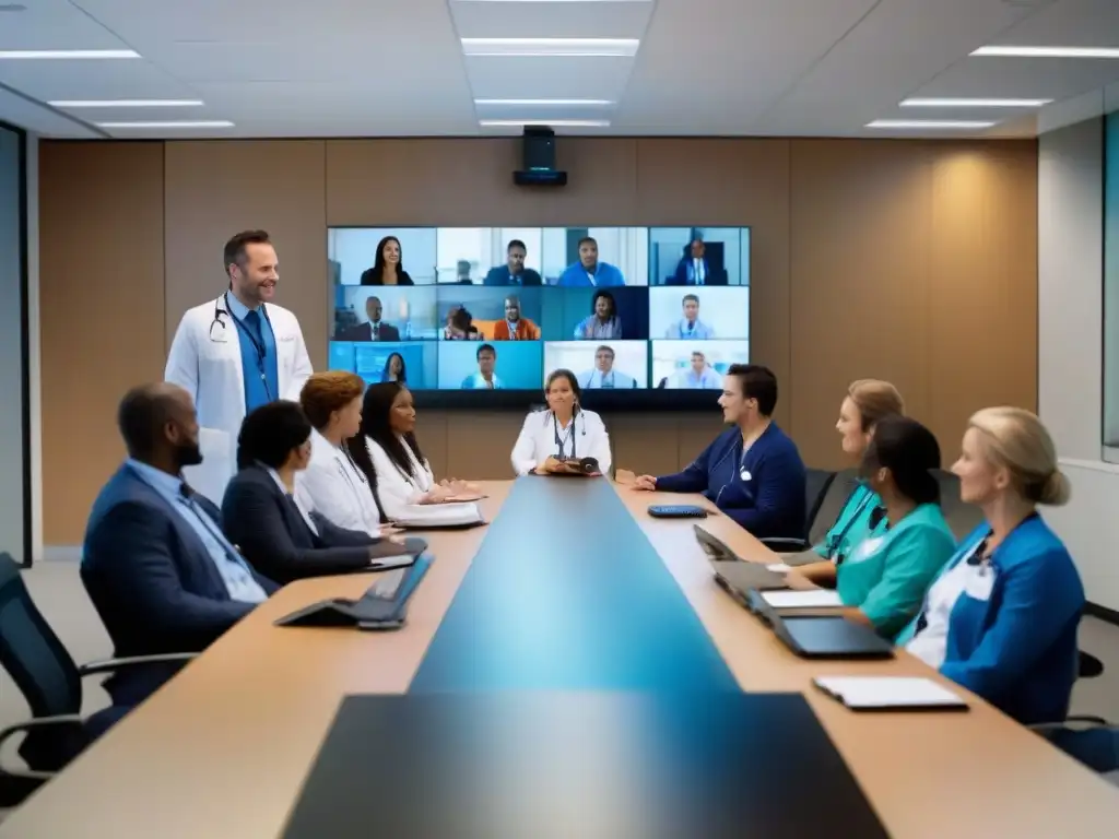 Videoconferencia médica en sala hospitalaria moderna Profesionales de la salud en una videoconferencia en un hospital moderno, utilizando plataformas de videoconferencia para sectores
