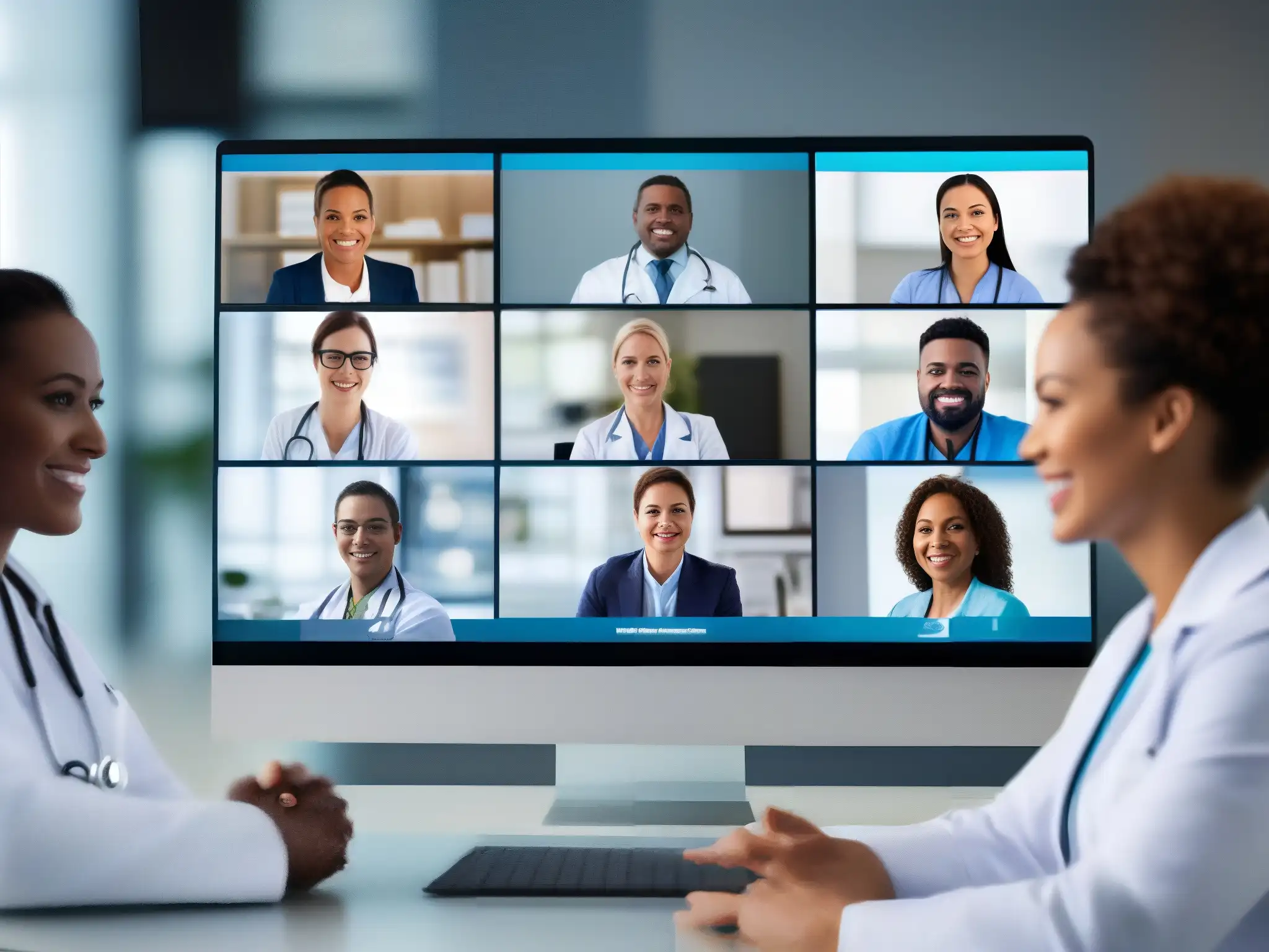 Profesionales de la salud innovando en telemedicina Profesionales de la salud en videoconferencia discutiendo integraciones clave para telemedicina, creando un ambiente colaborativo e innovador